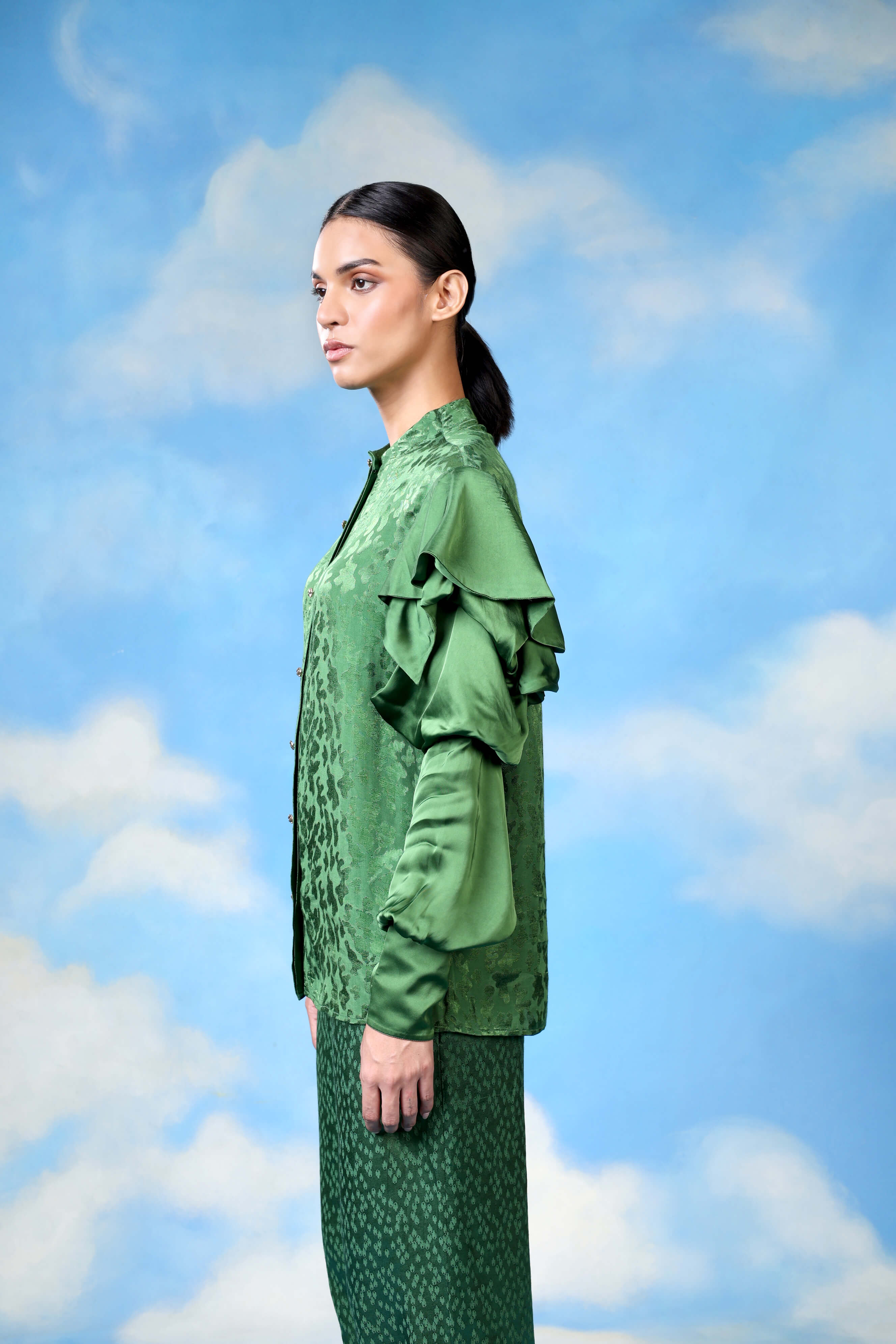 Green Jacquard Shirt With Layered Sleeves