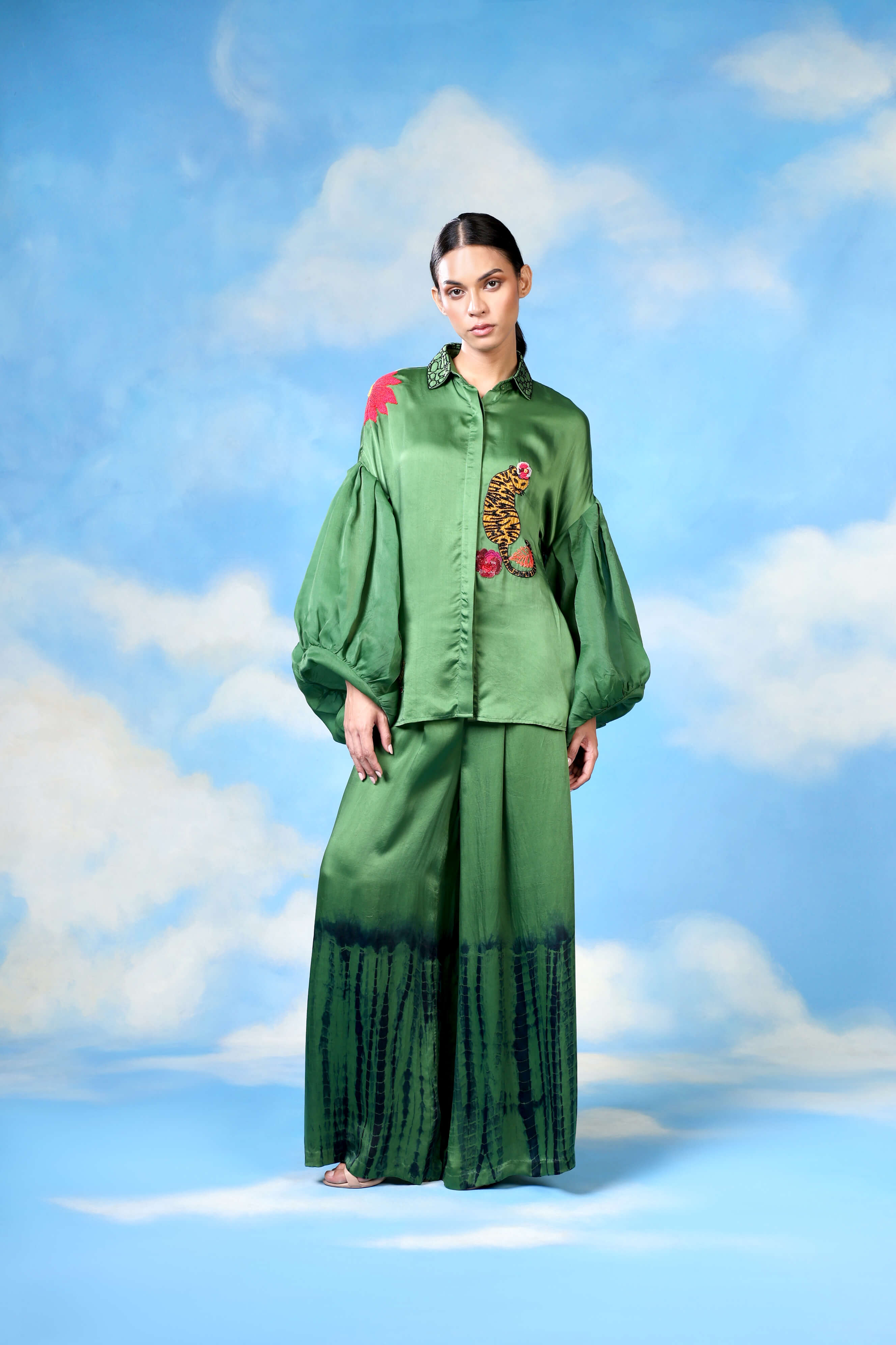 Green Satin Co Ord With Shibori Pants