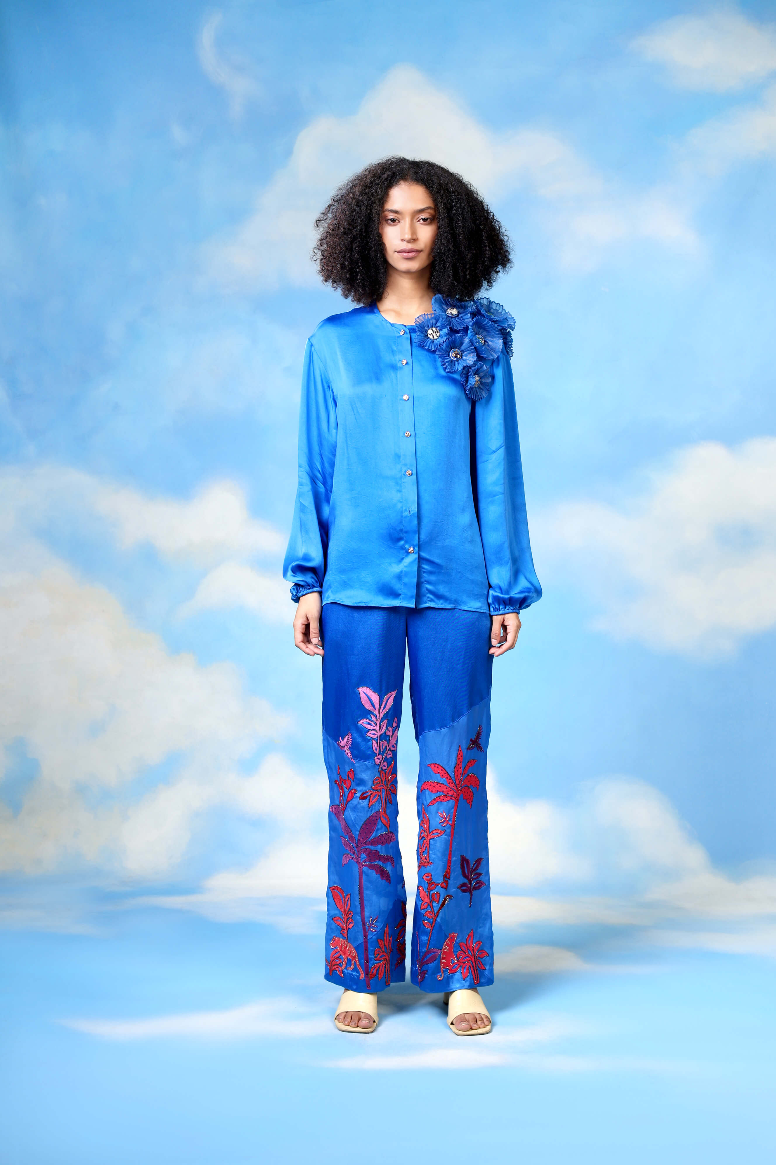 Blue Satin Shirt With Organza Flower