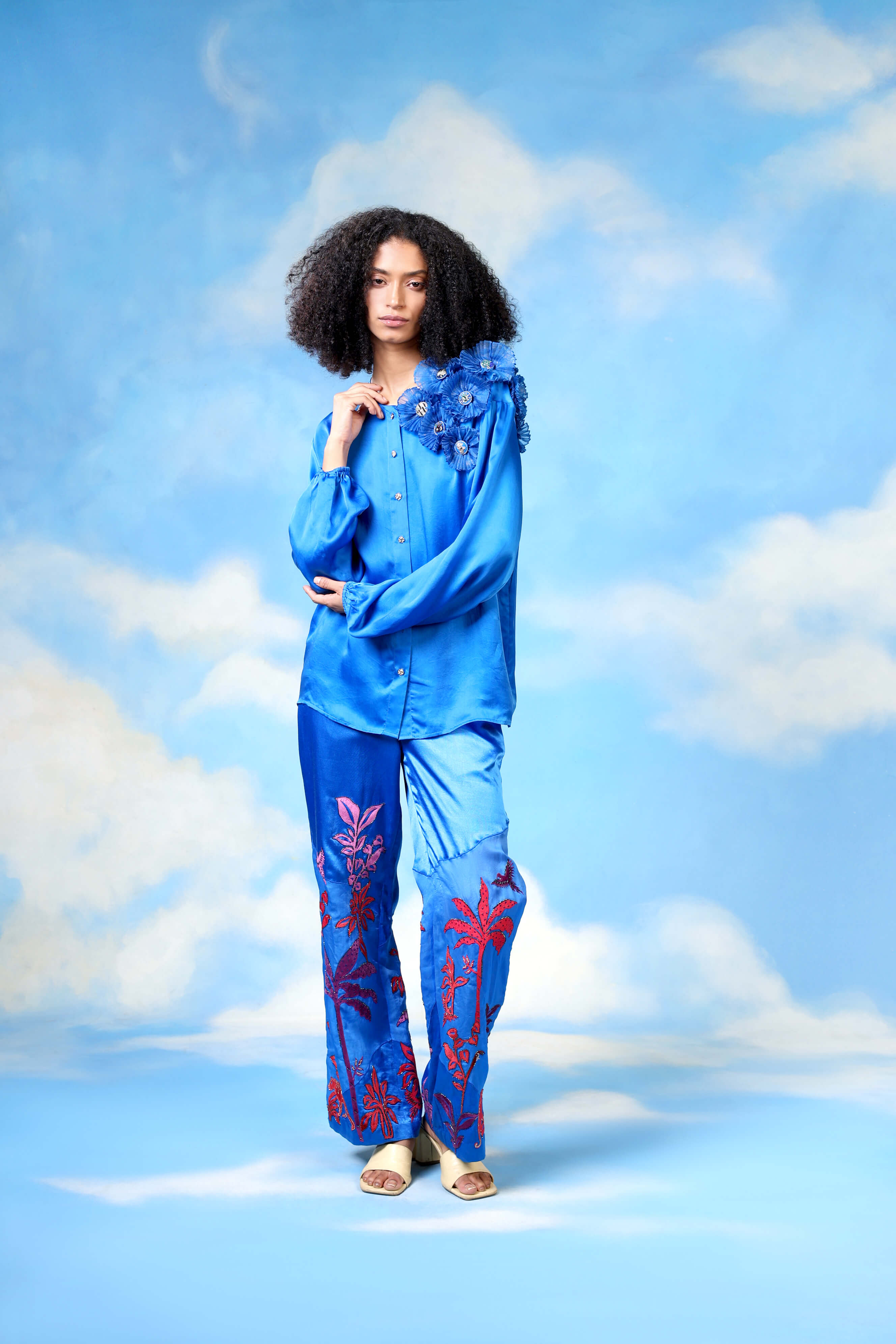 Blue Satin Shirt With Organza Flower