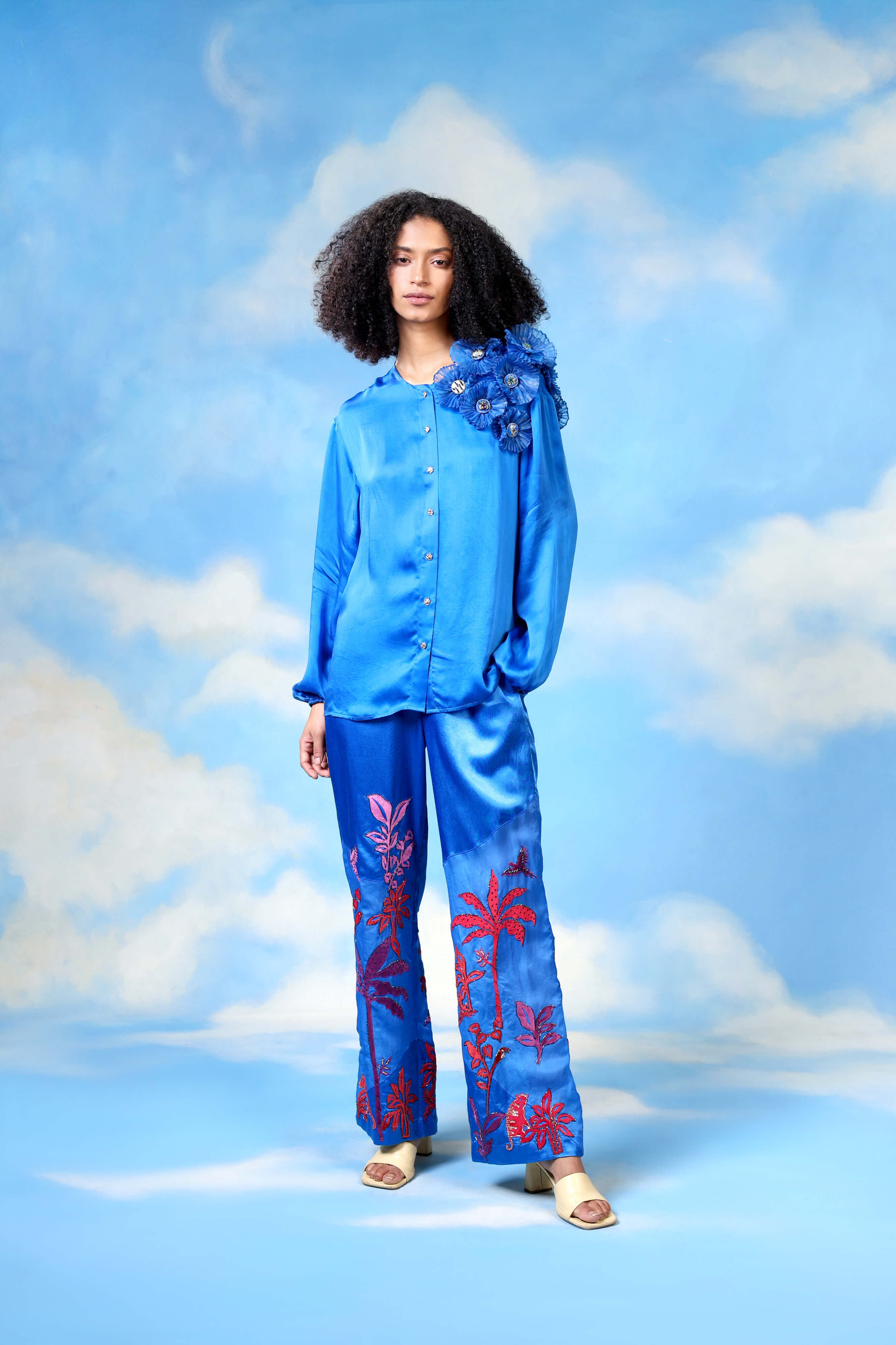 Blue Satin Shirt With Organza Flower