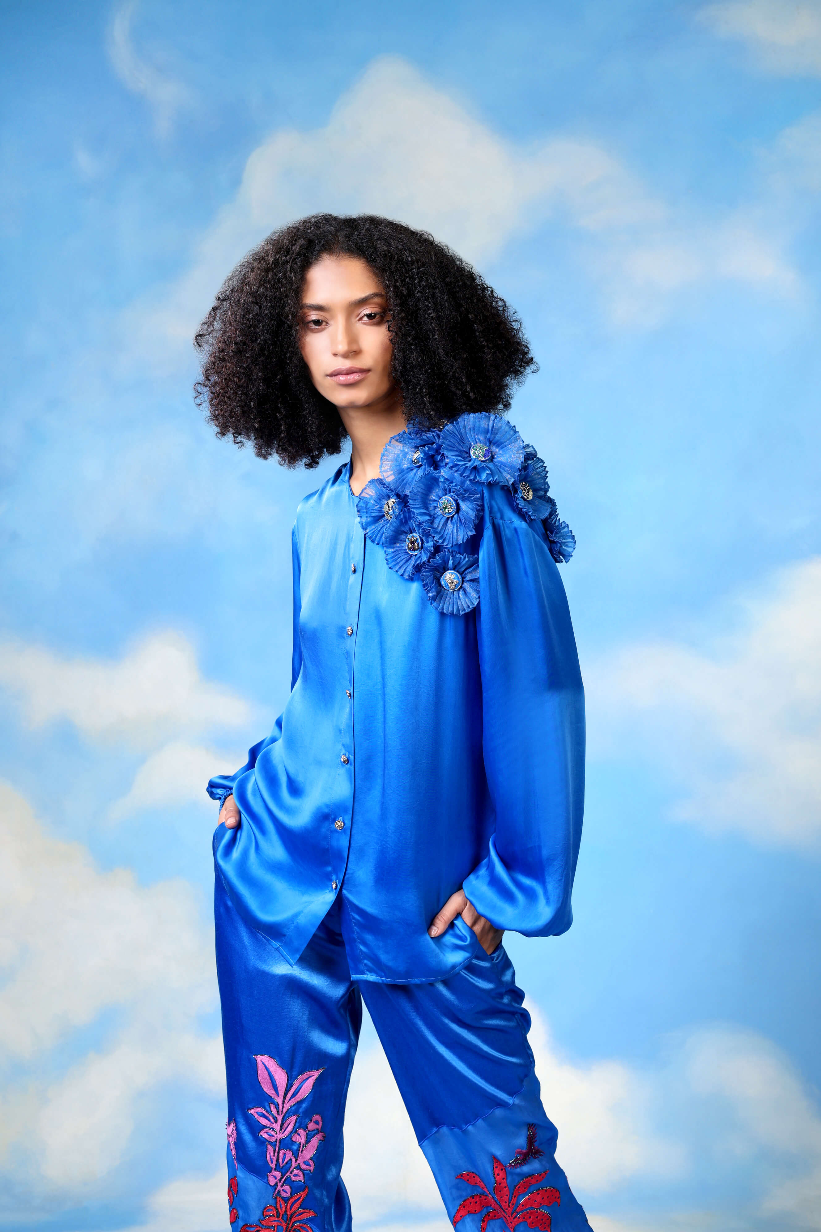 Blue Satin Shirt With Organza Flower