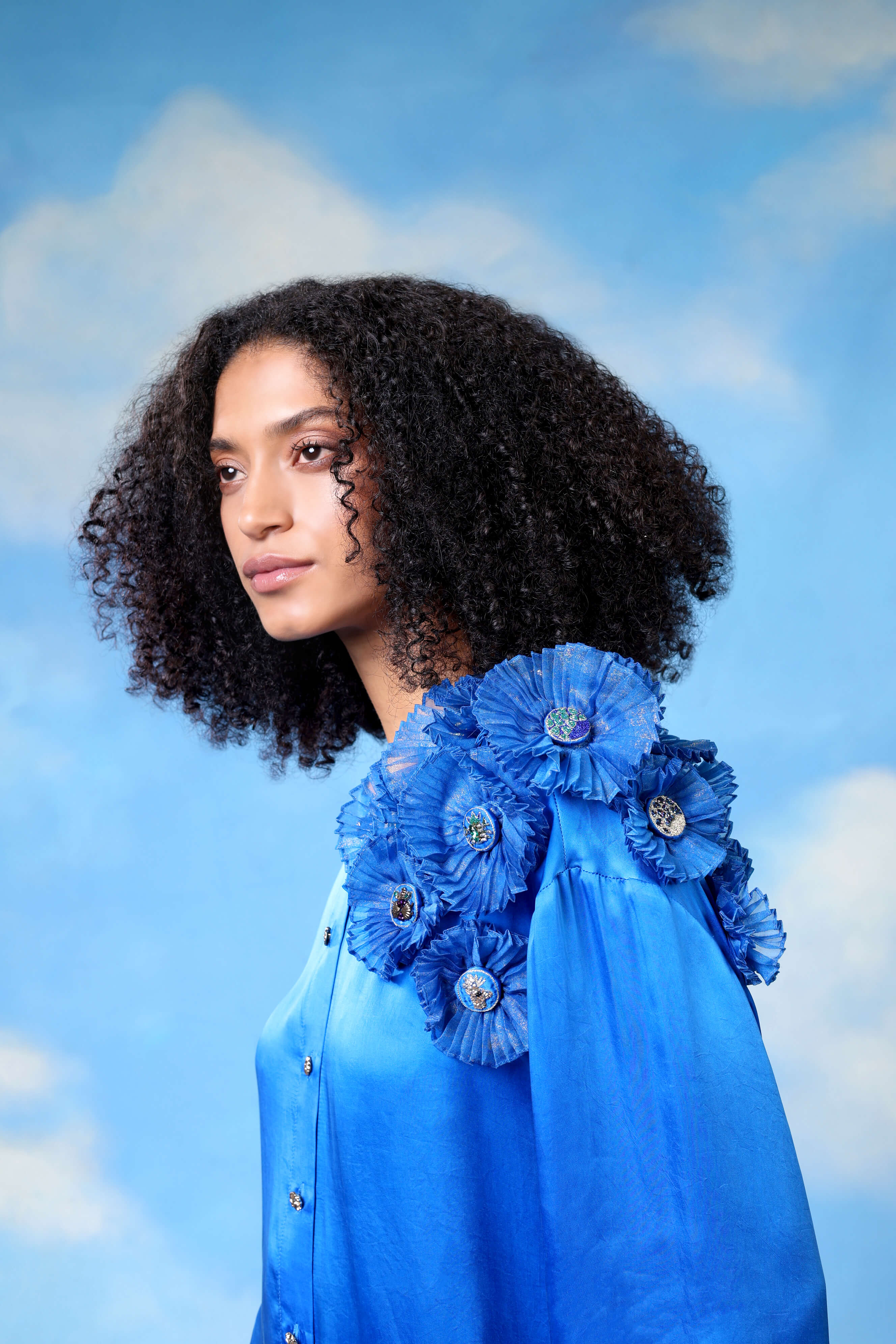 Blue Satin Shirt With Organza Flower