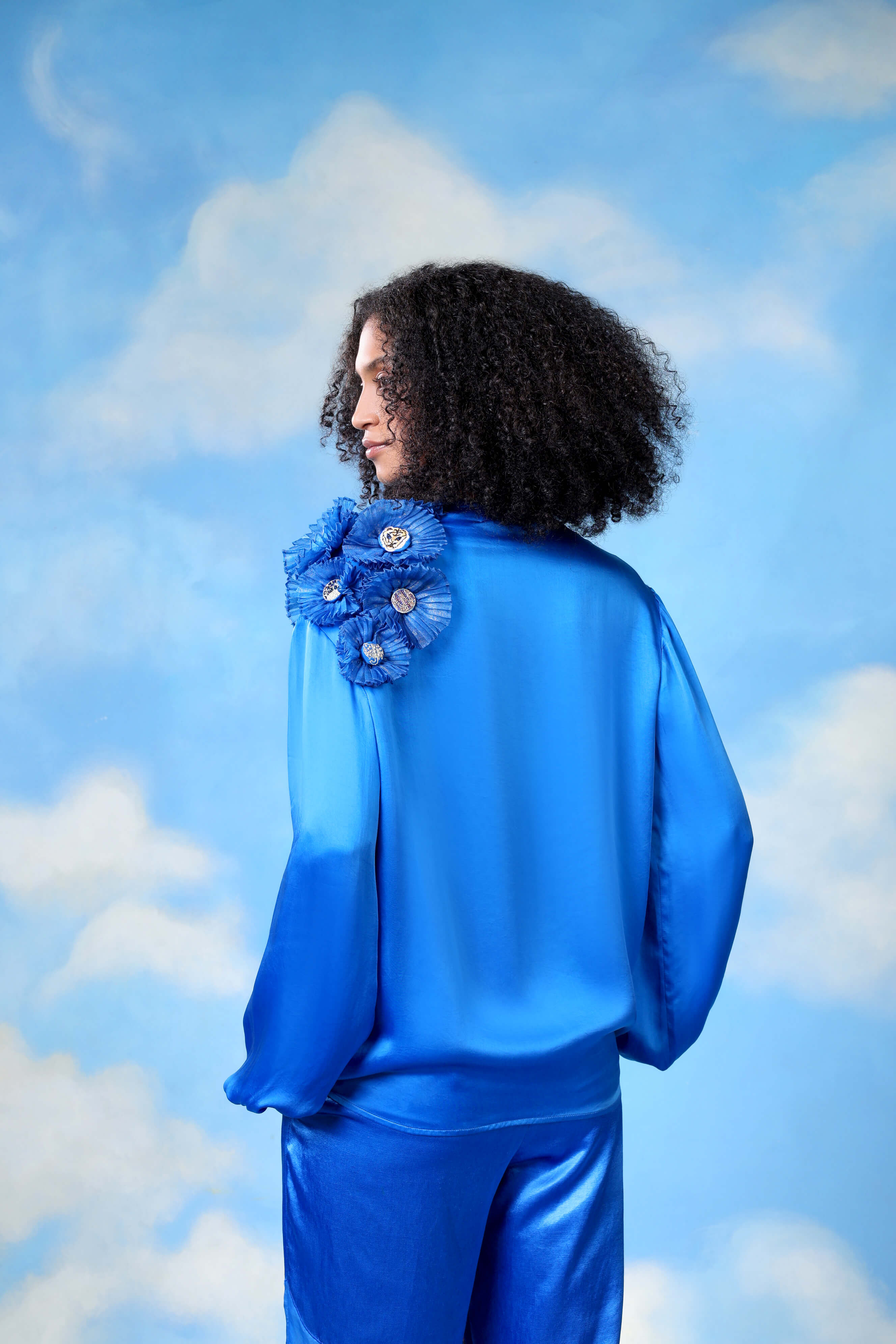 Blue Satin Shirt With Organza Flower