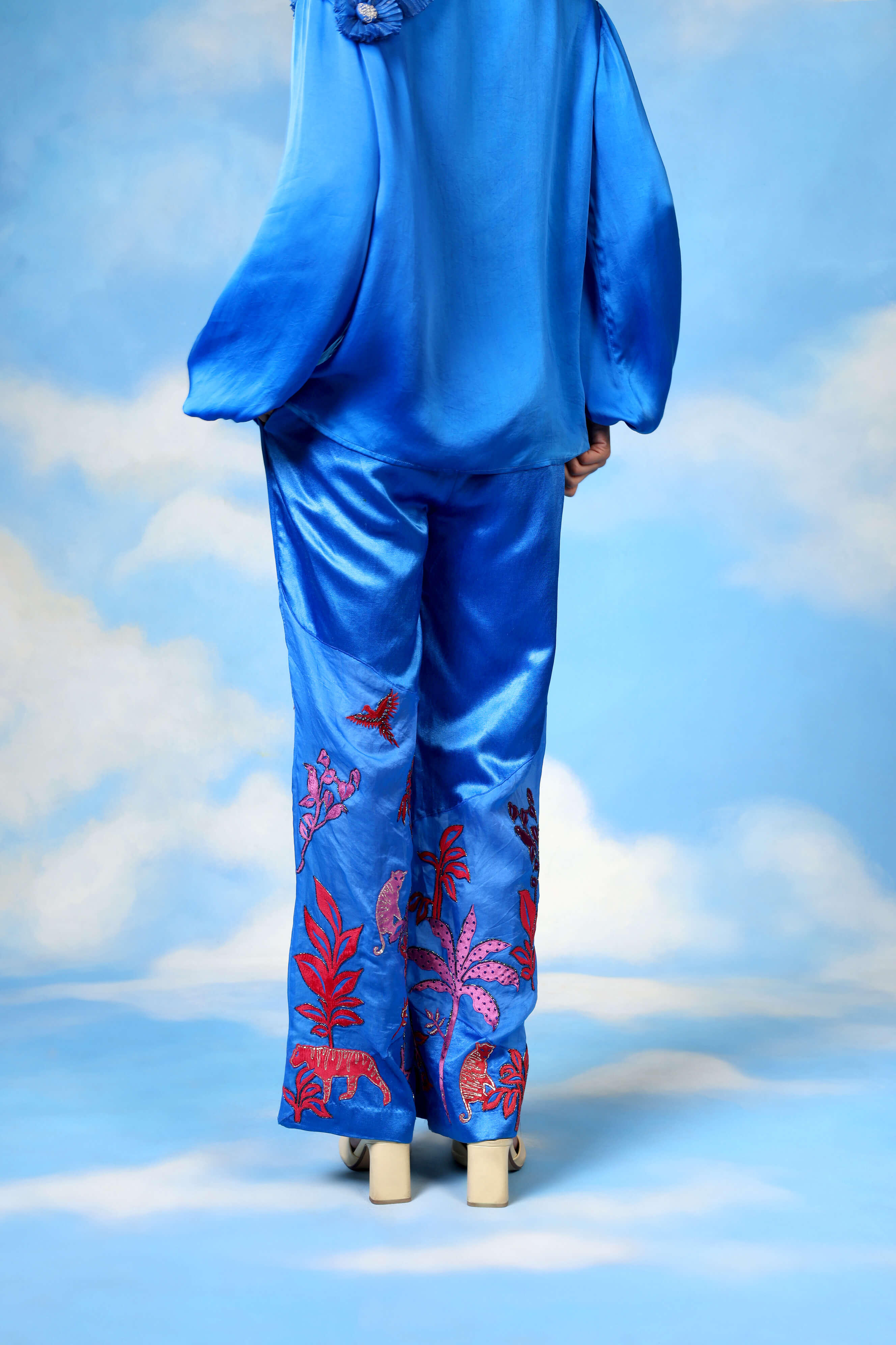 Blue Satin Shirt With Organza Flower