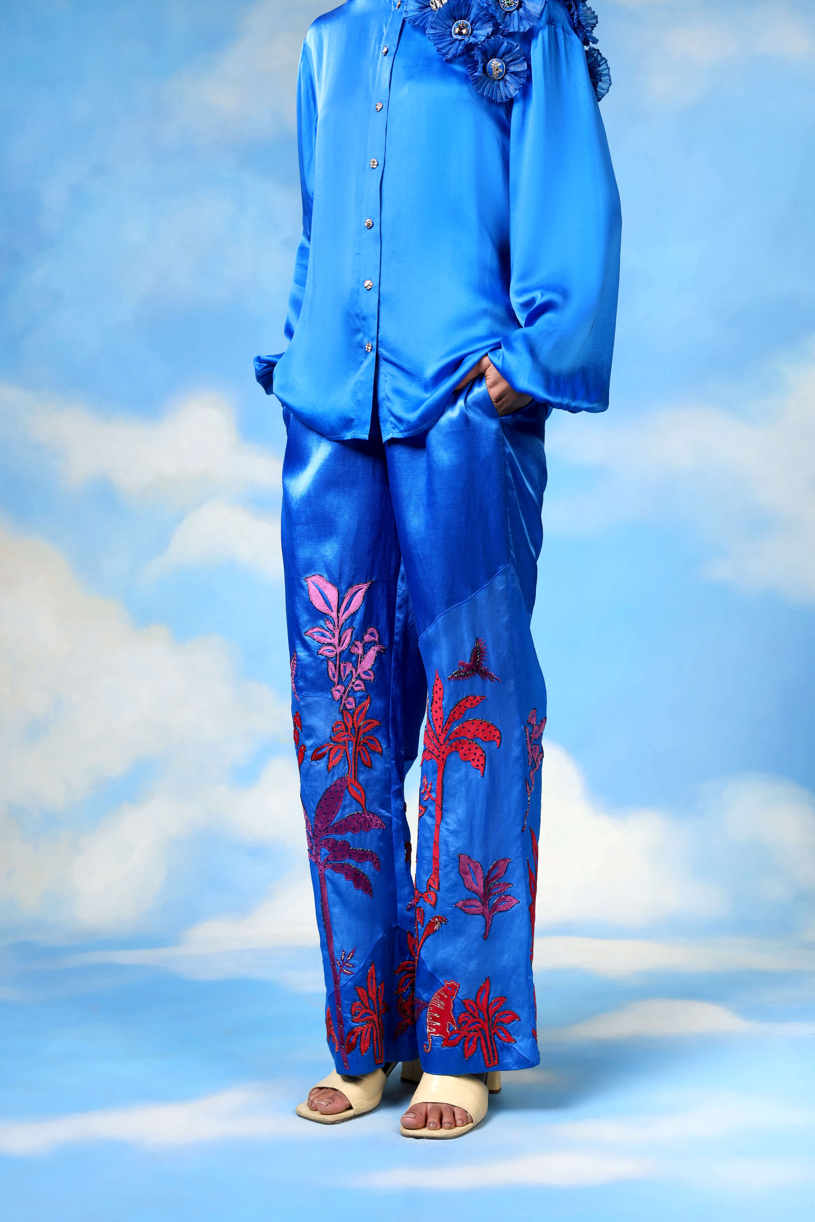 Blue Satin Shirt With Organza Flower