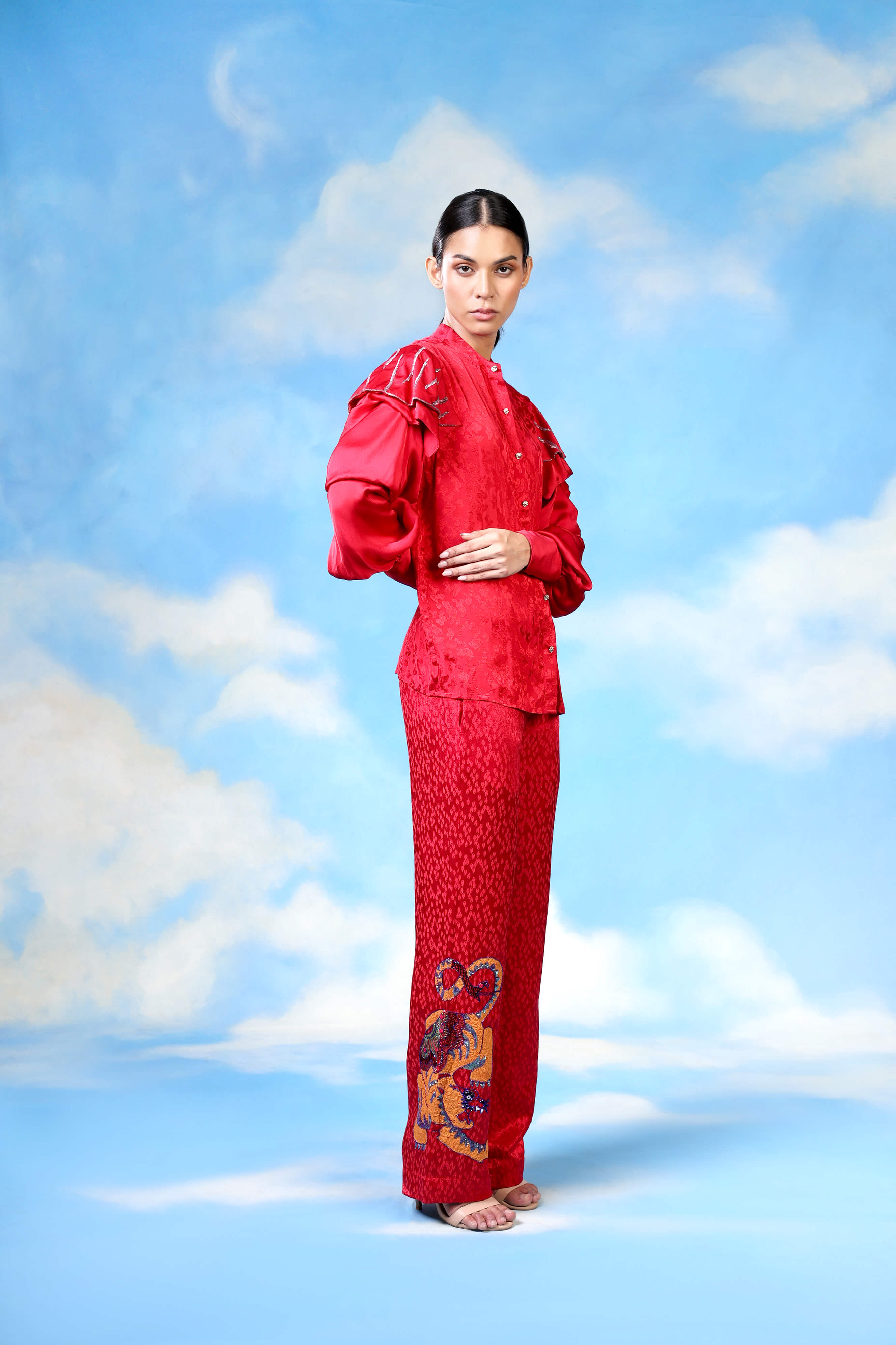 Red Satin Shirt With Organza Flower