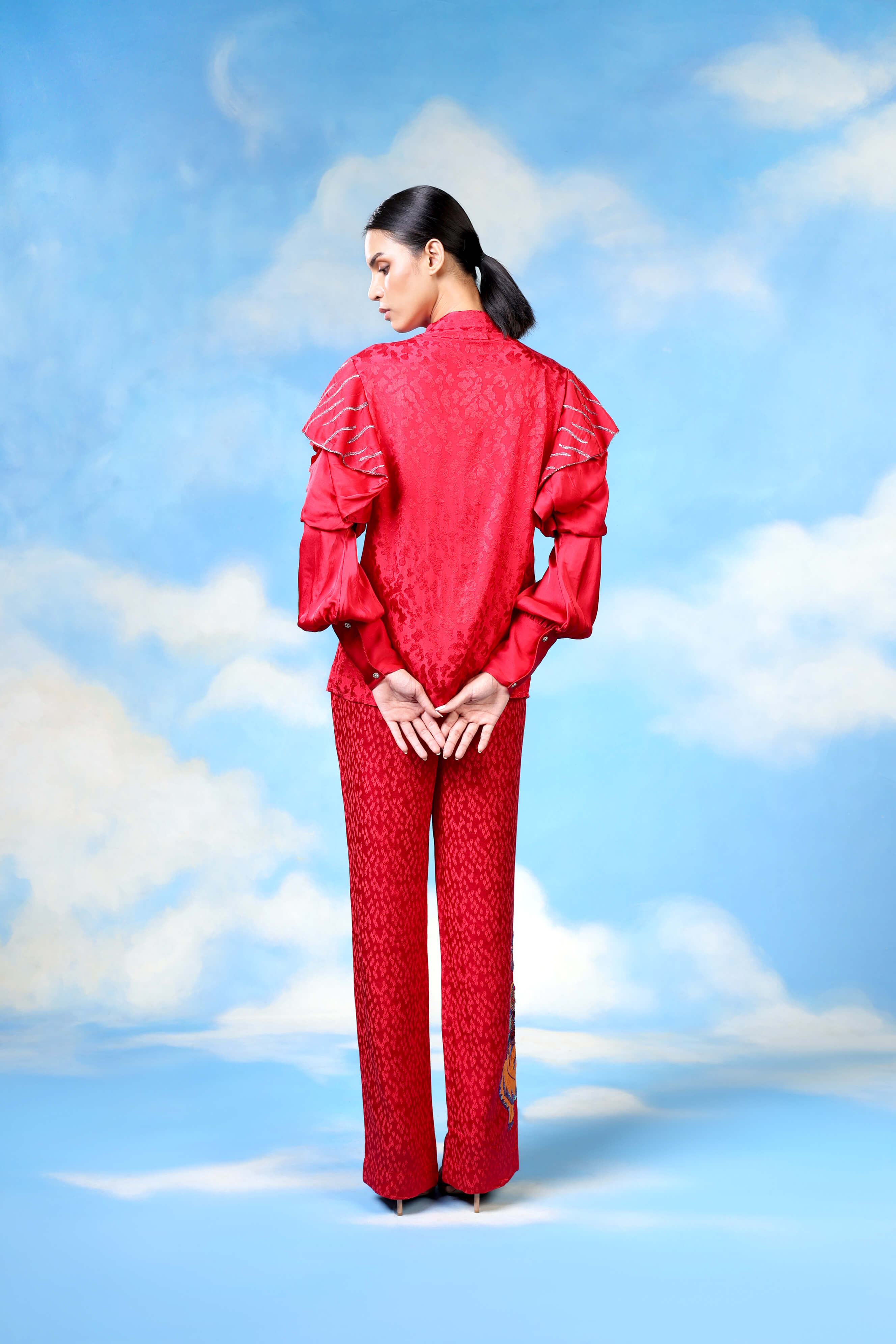 Red Satin Shirt With Organza Flower