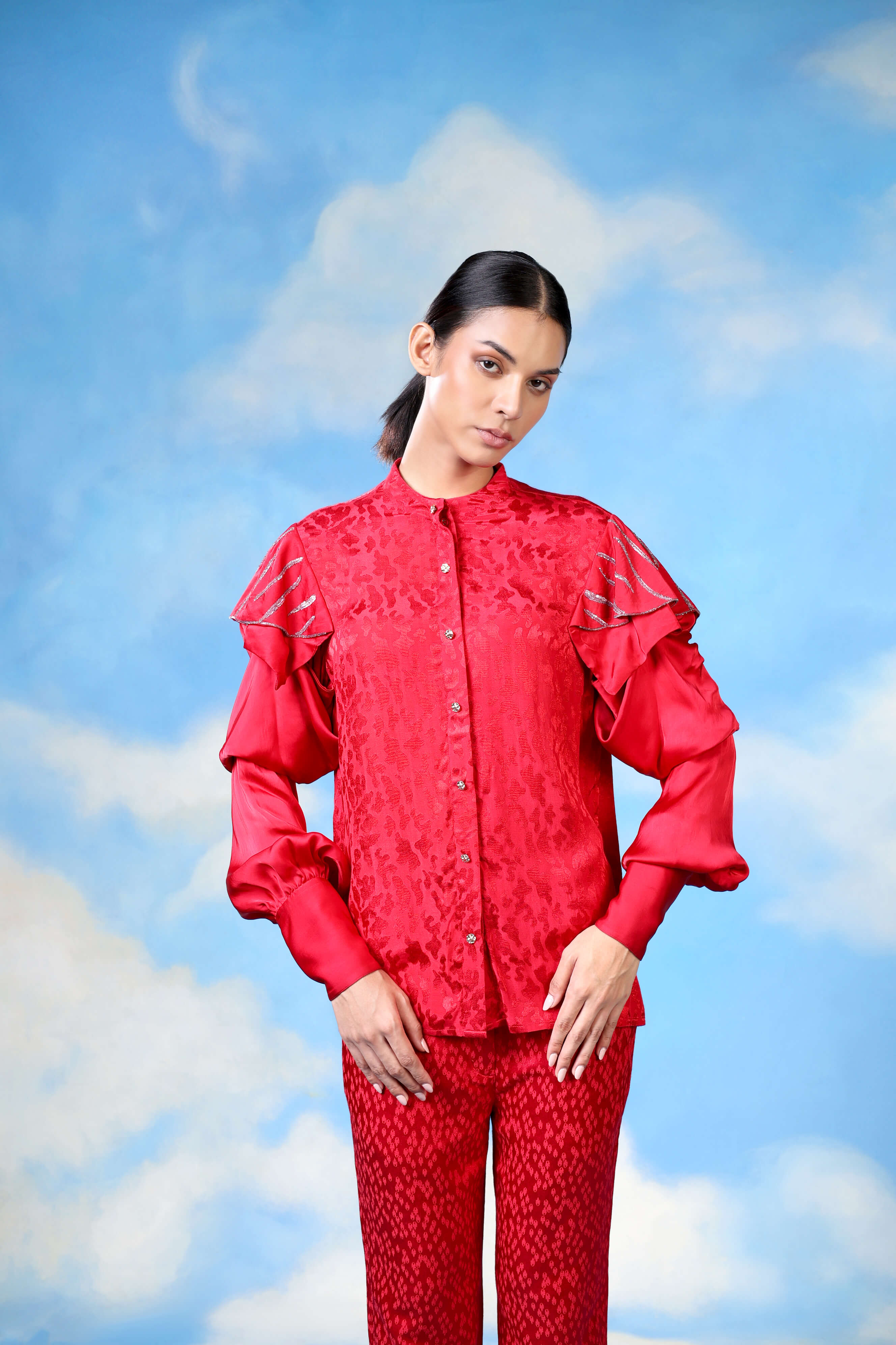 Red Satin Shirt With Organza Flower