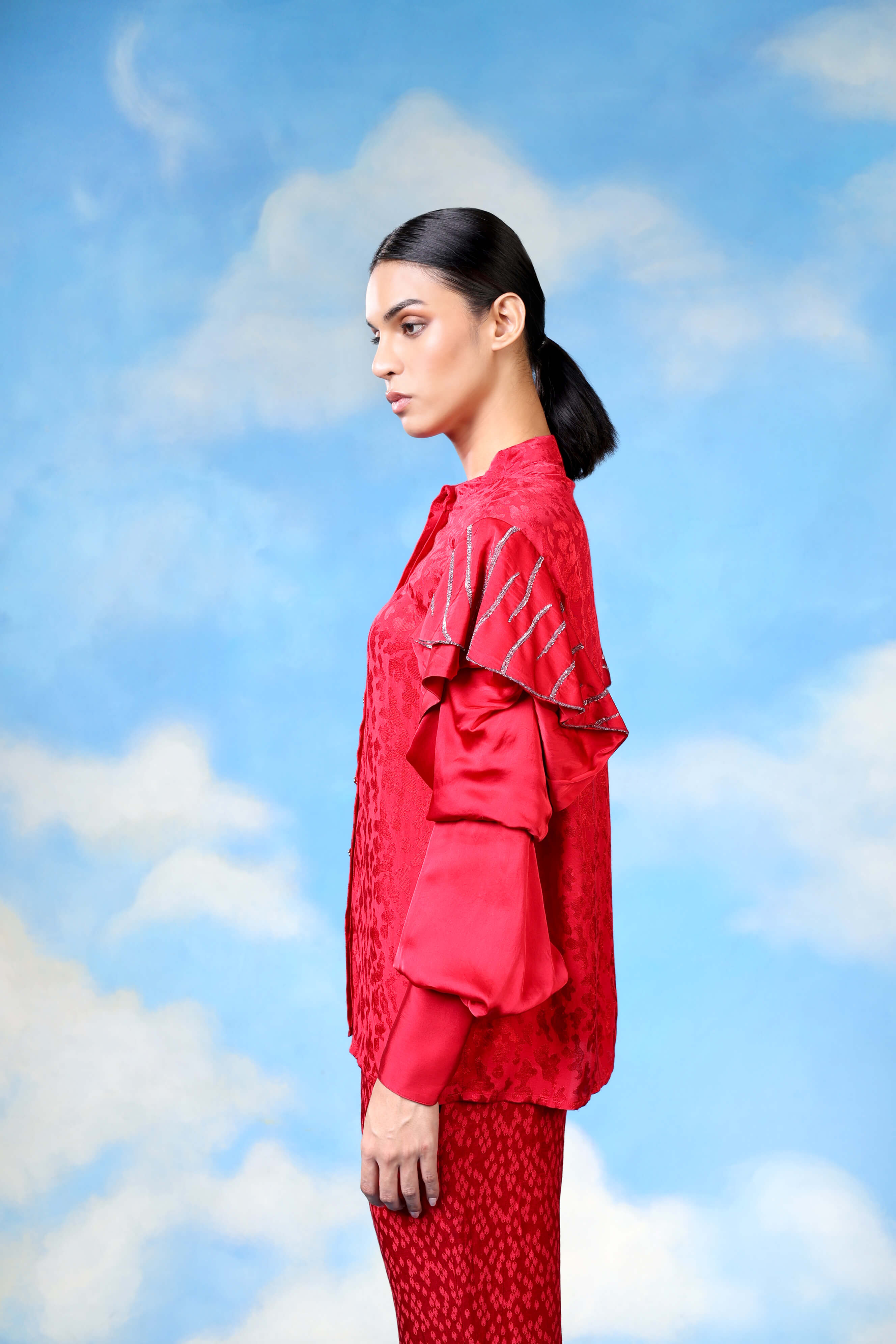 Red Satin Shirt With Organza Flower