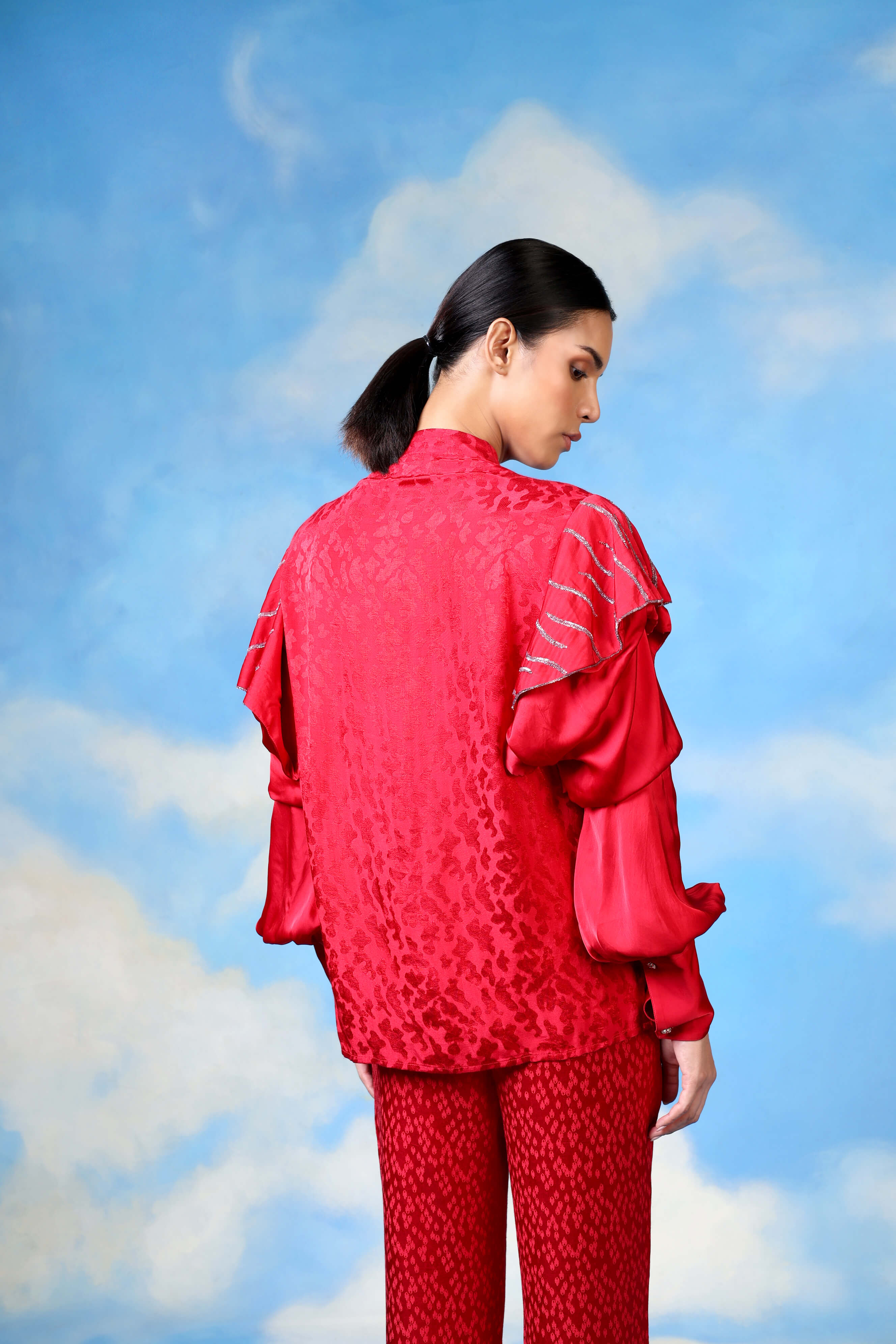 Red Satin Shirt With Organza Flower