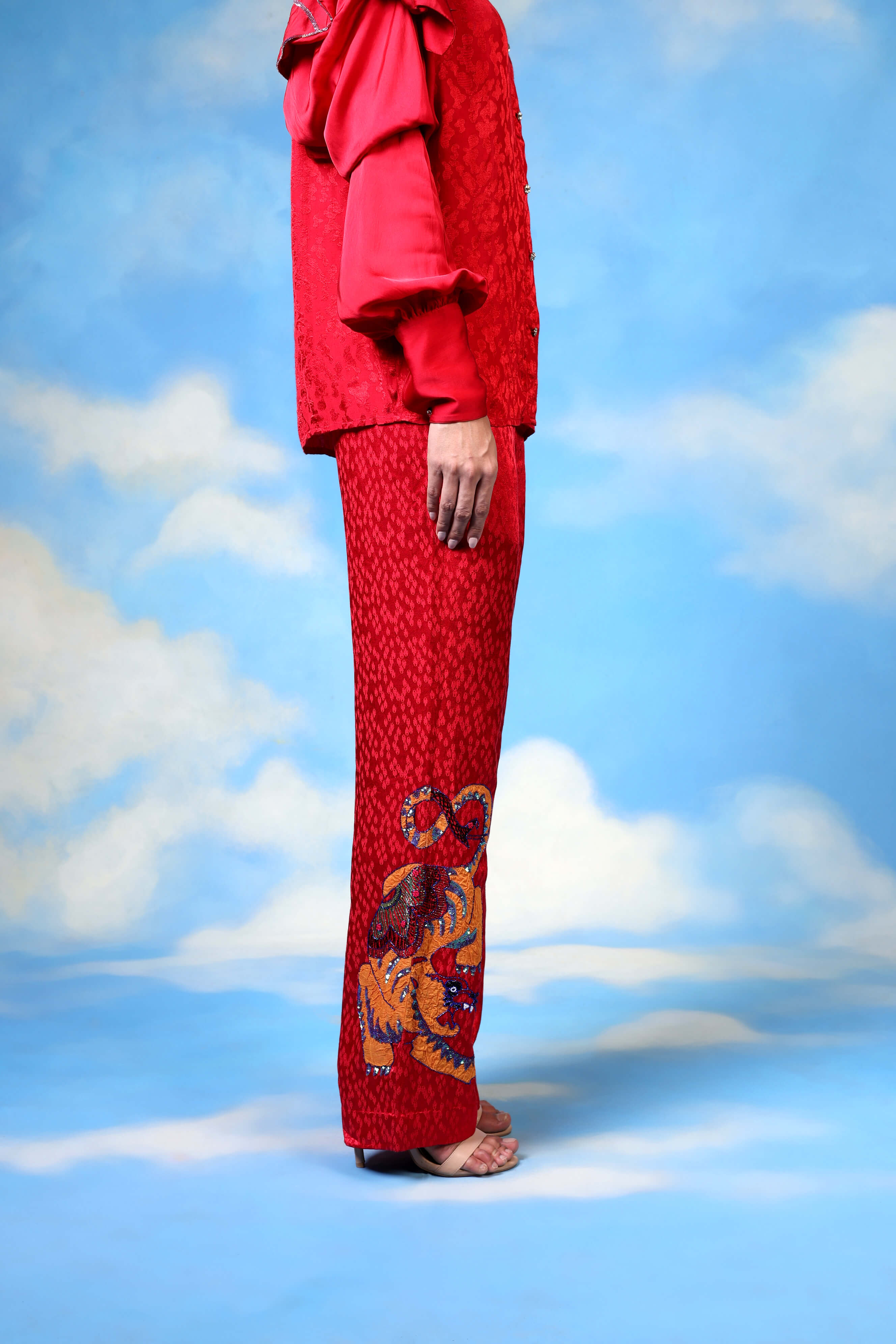 Red Satin Shirt With Organza Flower