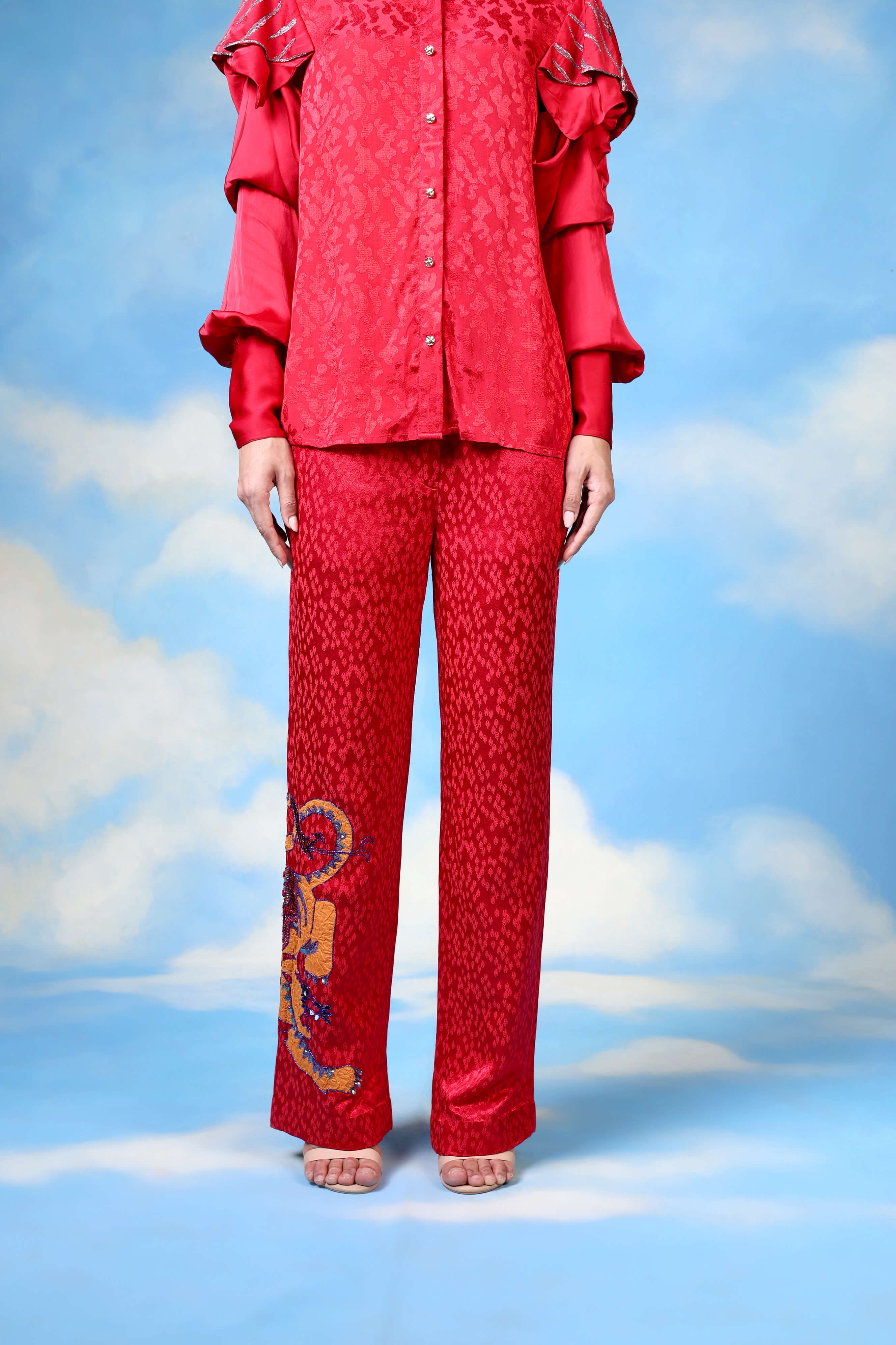 Red Satin Shirt With Organza Flower