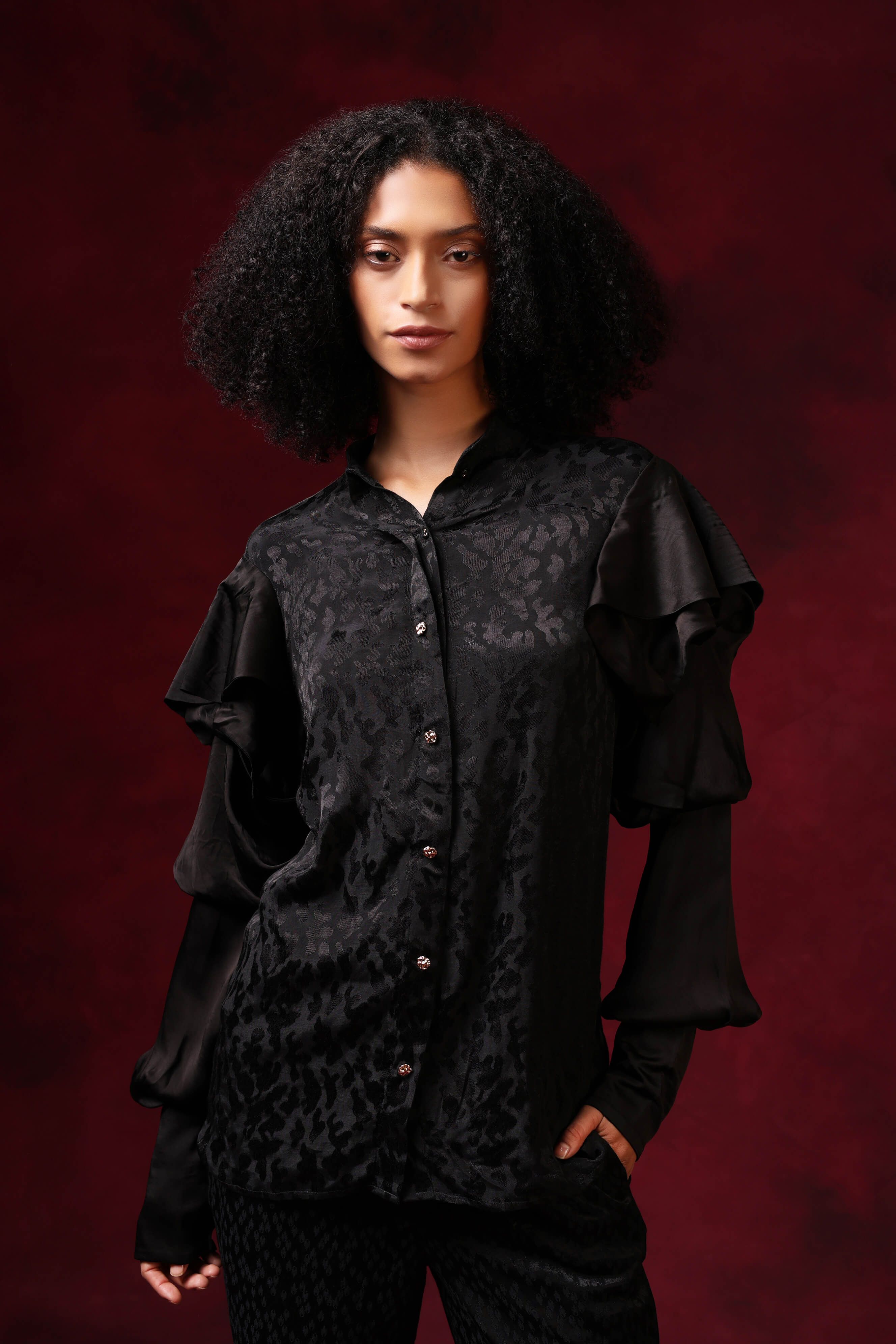 Black Jacquard Shirt With Layered Sleeves