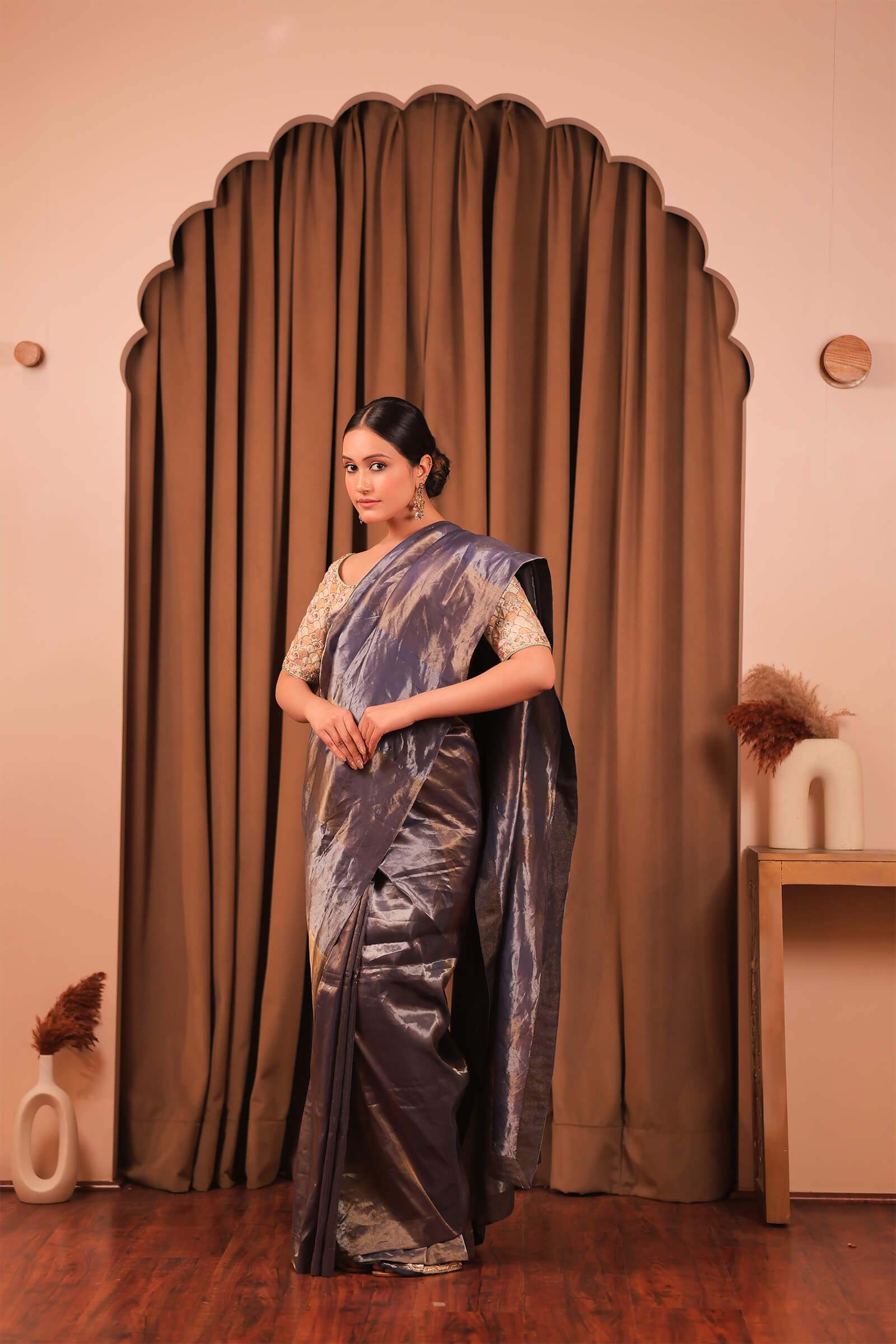 Grey Handloom Silk Tissue Banarasi Brocade Saree