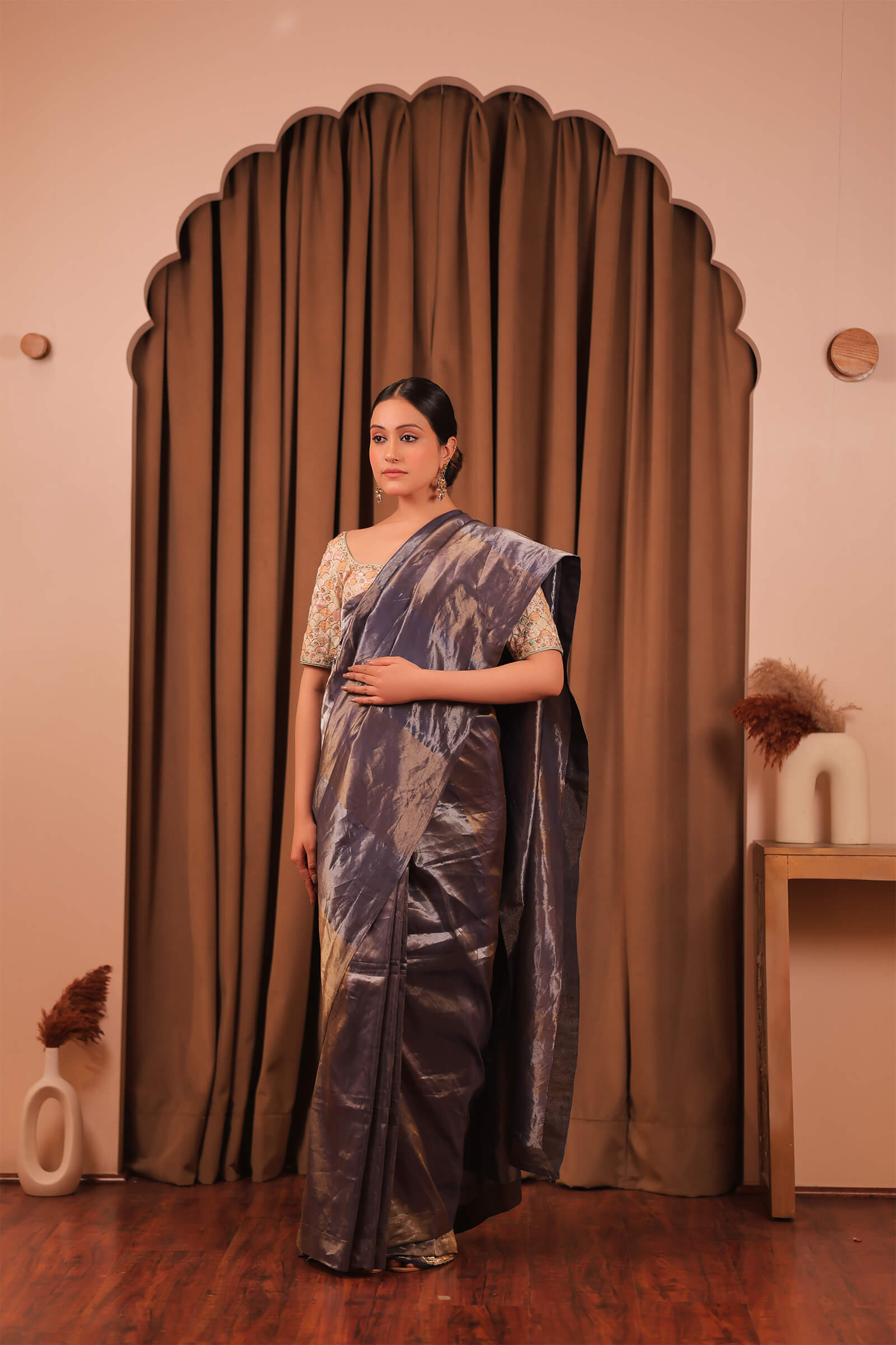 Grey Handloom Silk Tissue Banarasi Brocade Saree