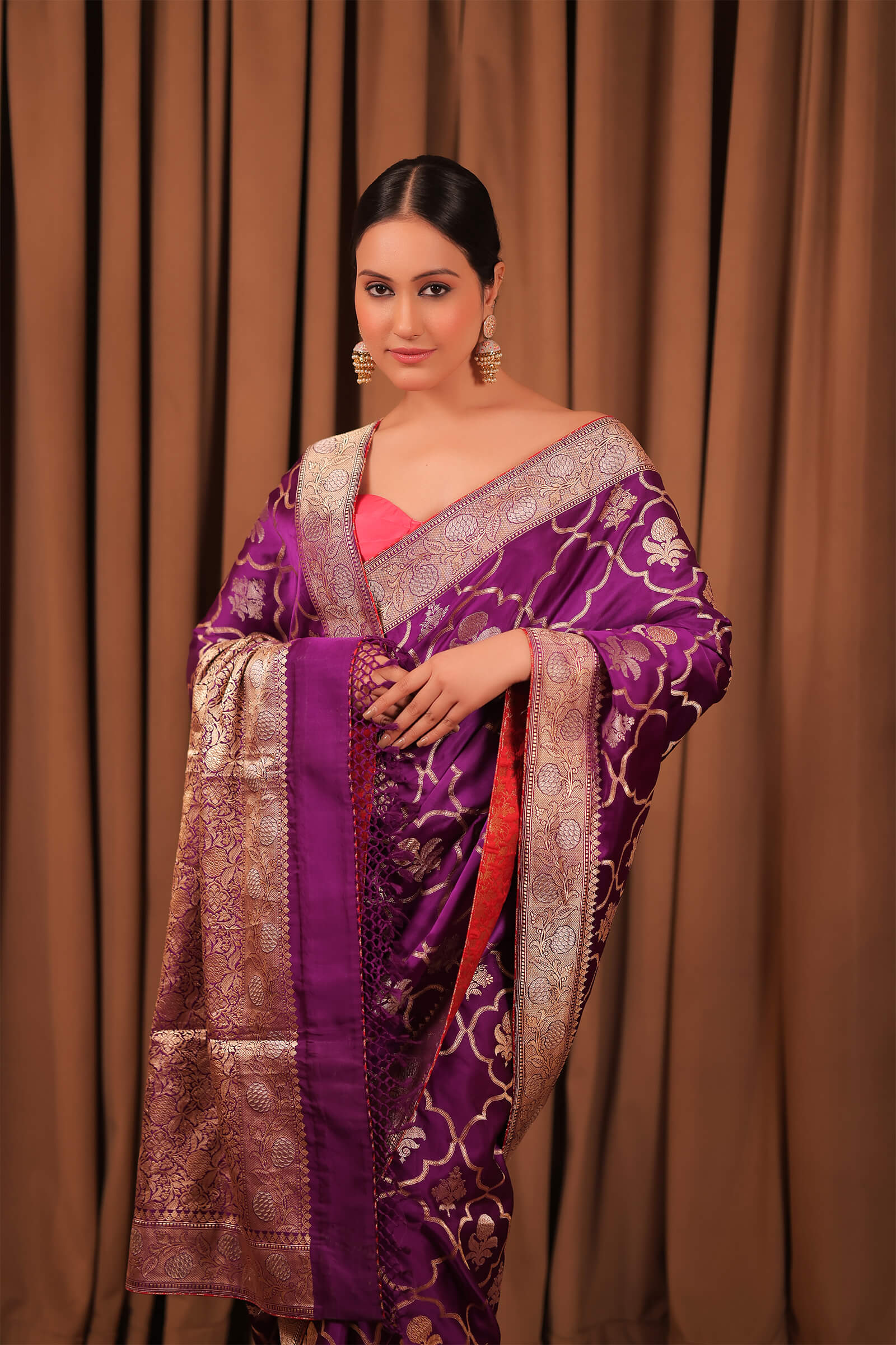 Purple Handloom Silk Satin Banarasi Kadwa Jaal Saree