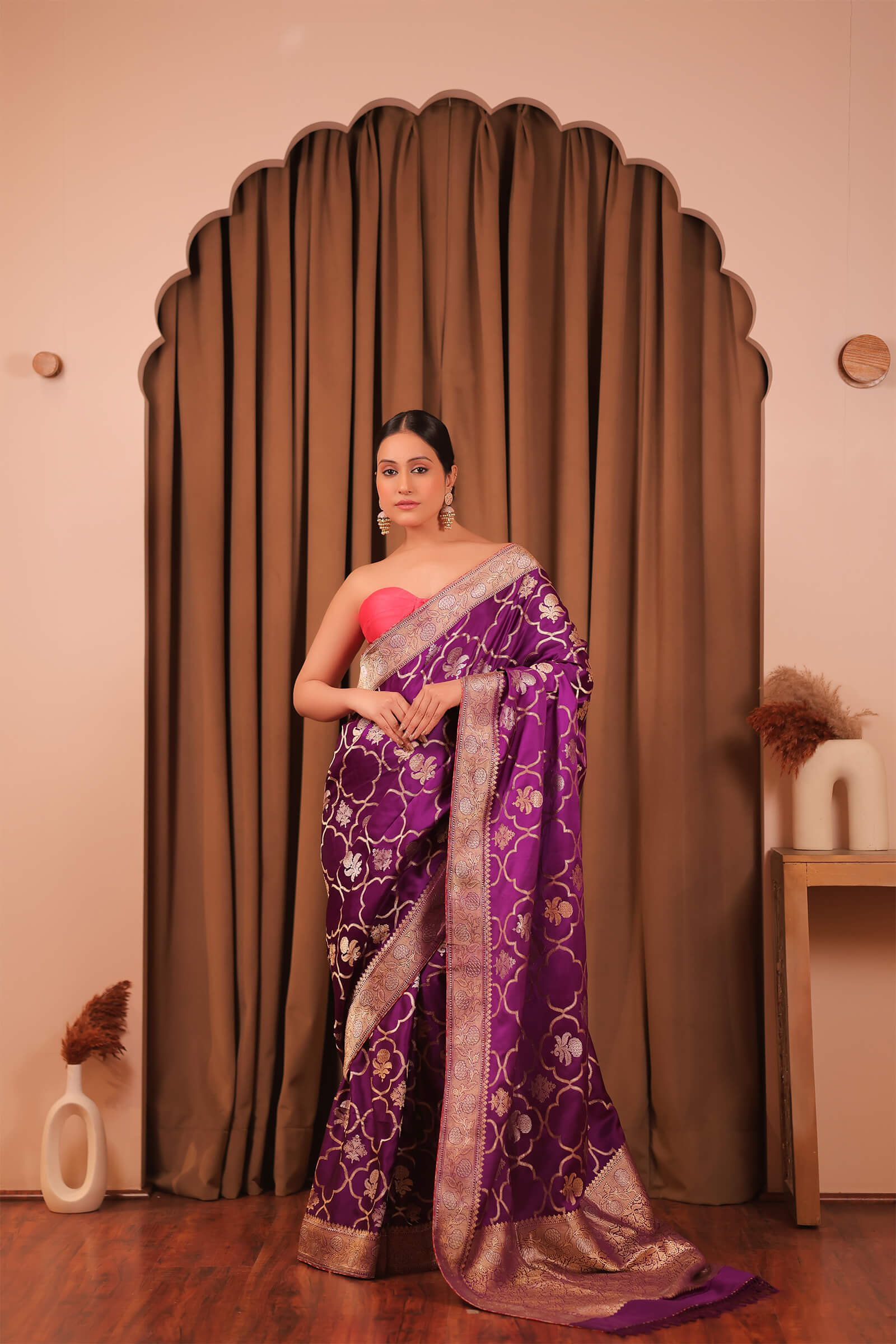 Purple Handloom Silk Satin Banarasi Kadwa Jaal Saree