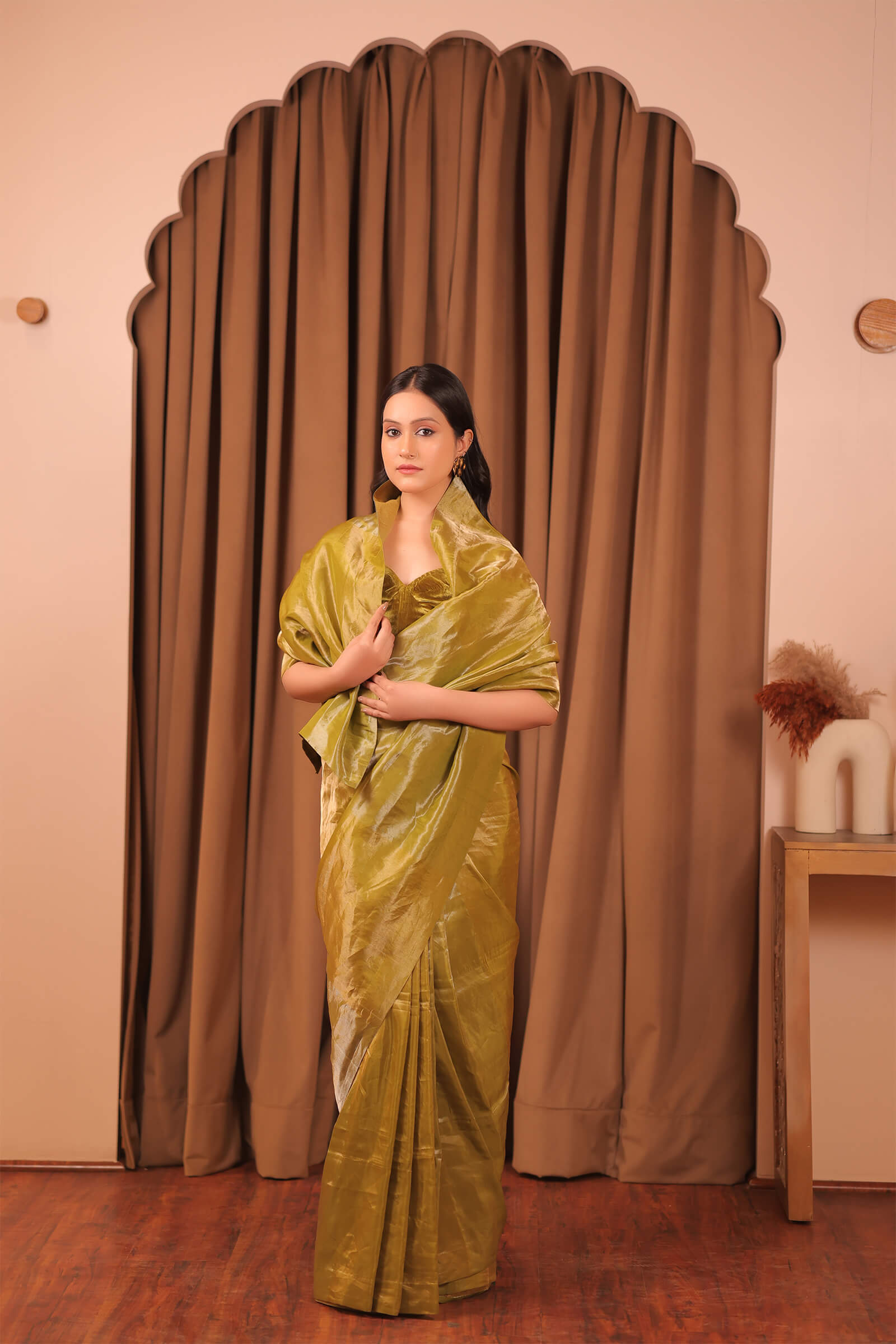 Olive Handloom Silk Tissue Brocade Banarasi Saree