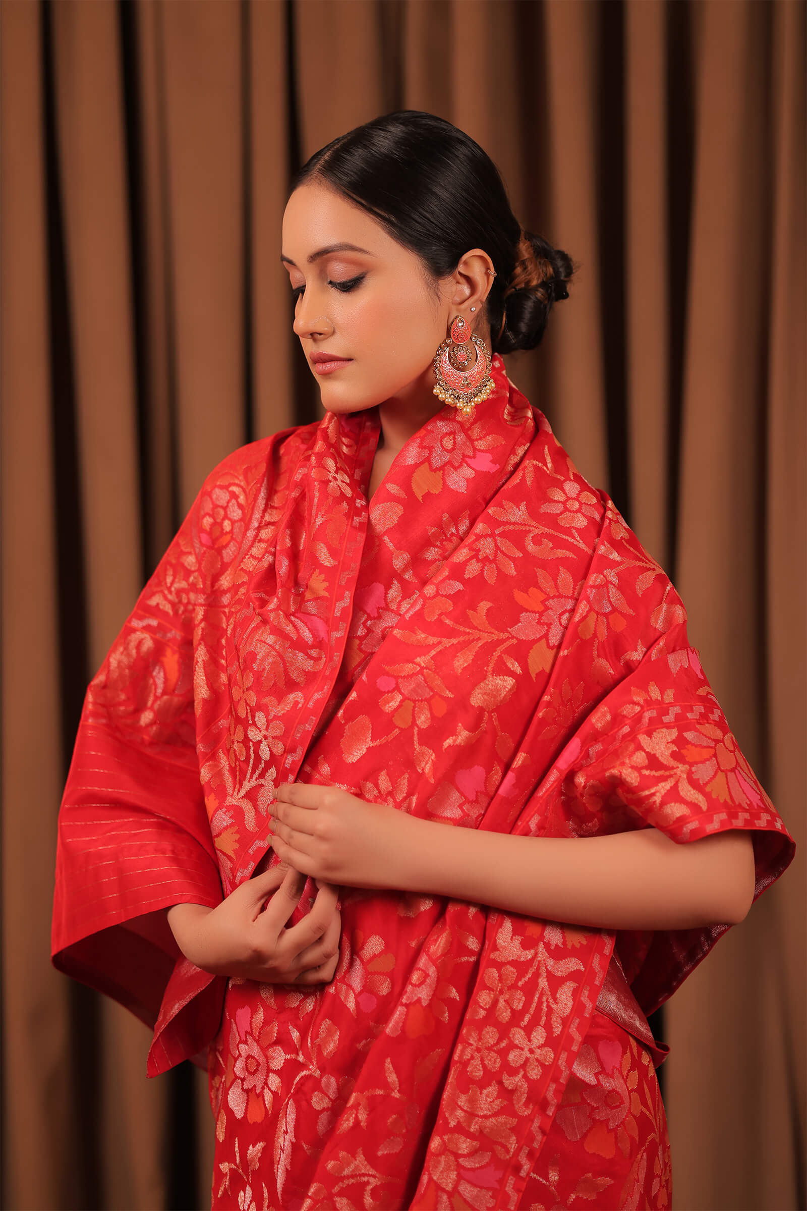 Red Handloom Silk Katan Banarasi Jamdani Saree
