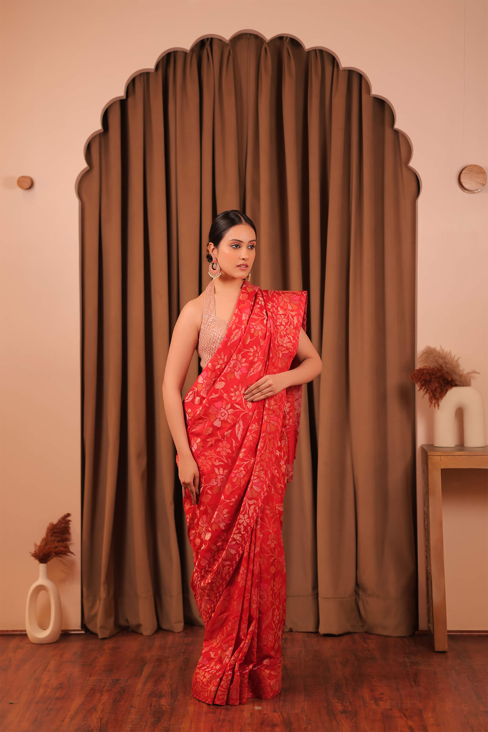 Red Handloom Silk Katan Banarasi Jamdani Saree