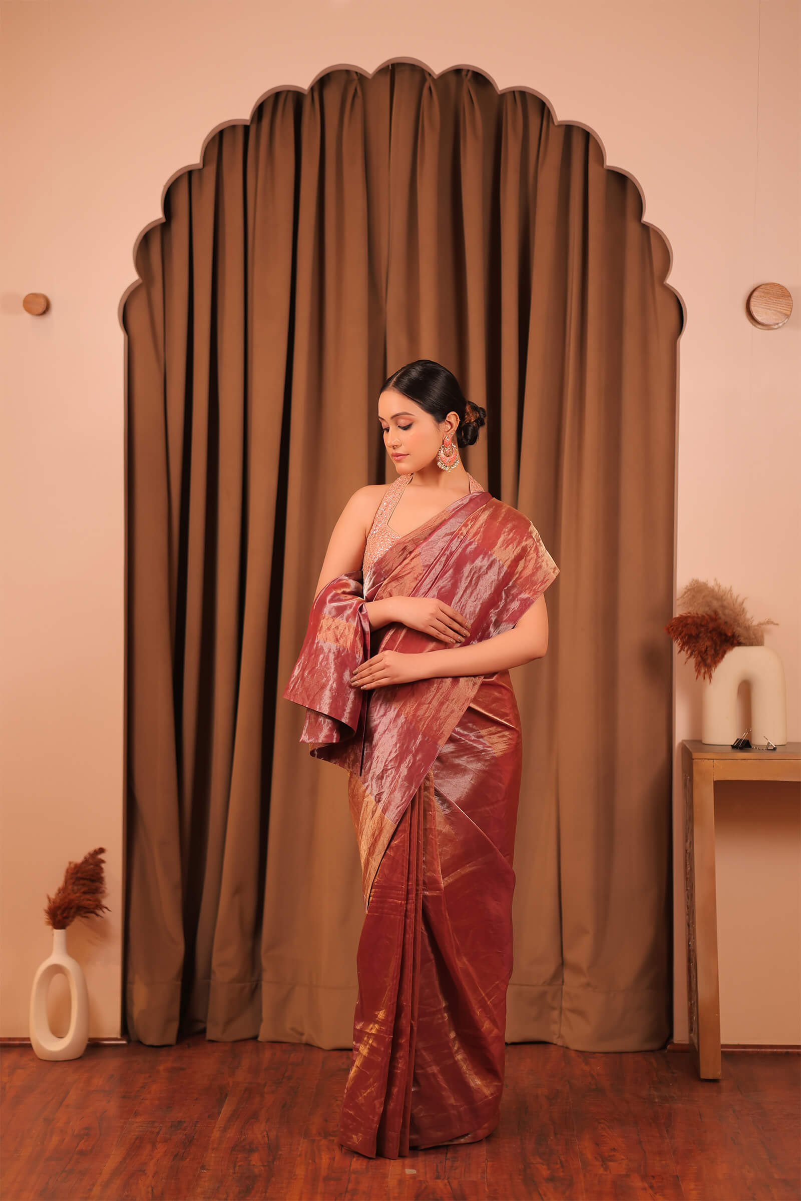 Wine Handloom Silk Tissue Banarasi Saree