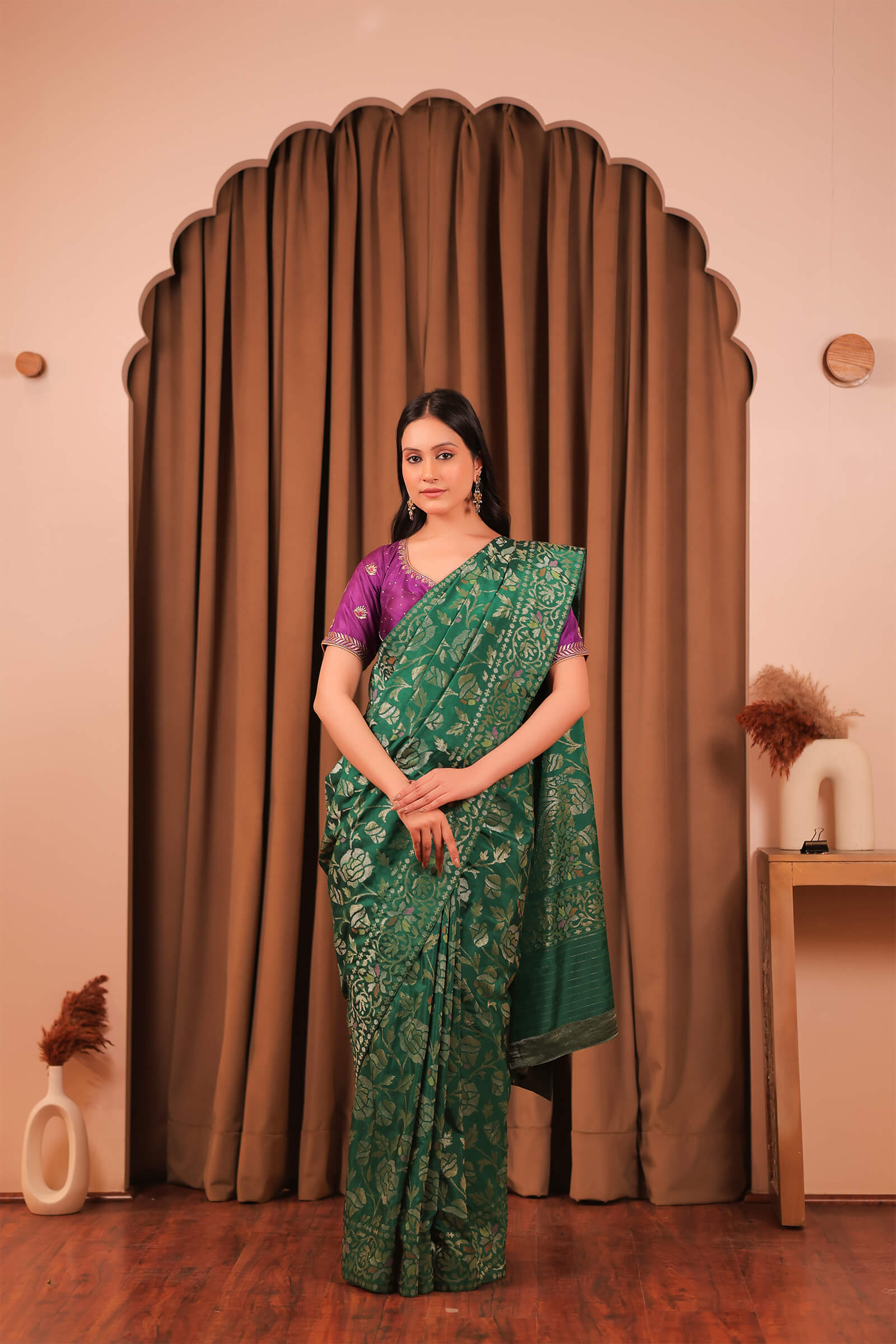 Green Handloom Silk Katan Banarasi Jamdani Saree