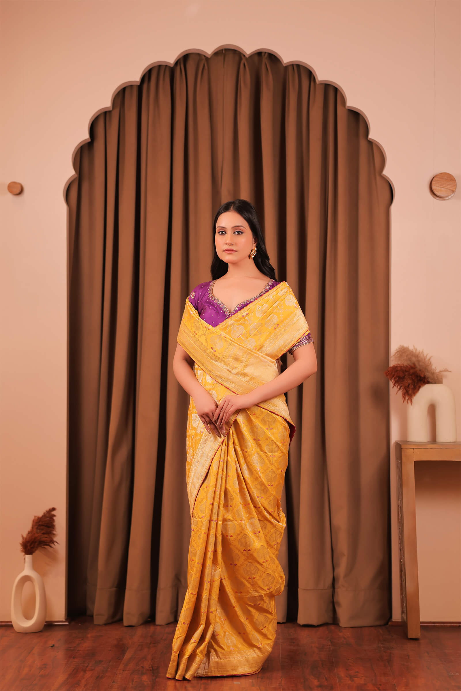 Yellow Handloom Silk Katan Banarasi Jamdani Saree