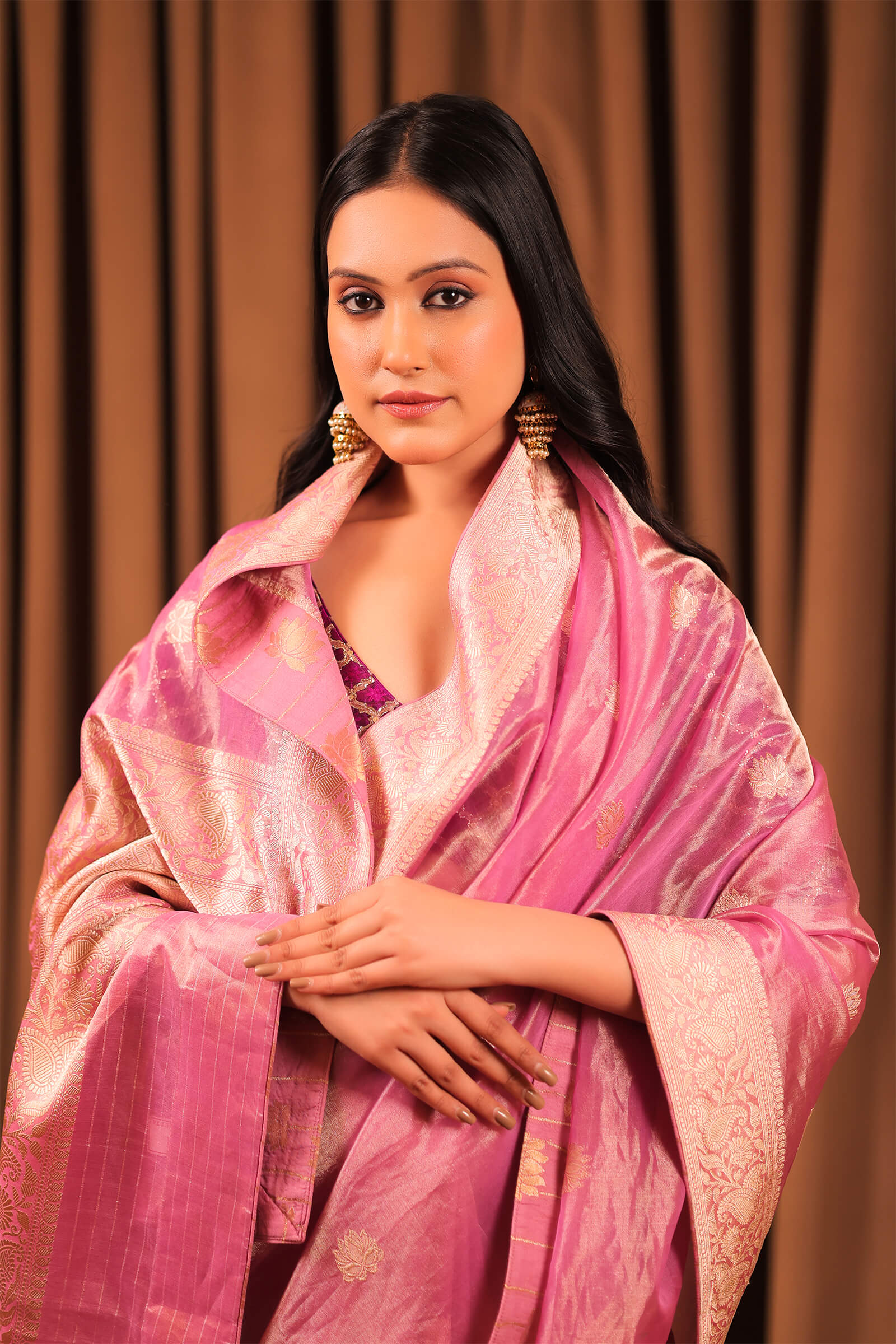 Dusty Pink Handloom Silk Tissue Banarasi Saree
