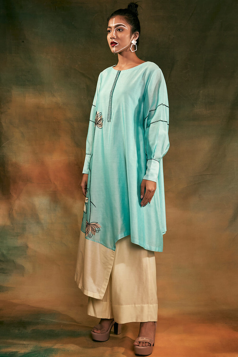 Blue Asymmetrical Abstract Tunic with Lemon Plazo