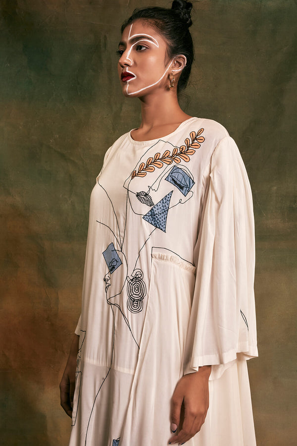Ivory Layered Dress with Abstract Artwork