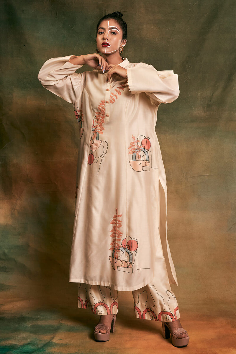 Ivory Collared Tunic with Plazo