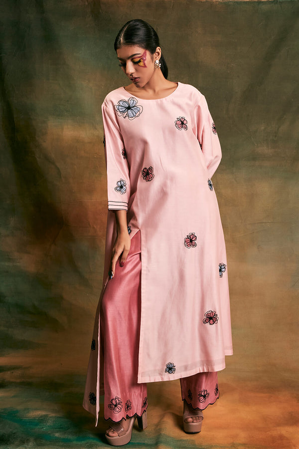 Pink Asymmetrical Floral Embroidery Tunic with Plazo