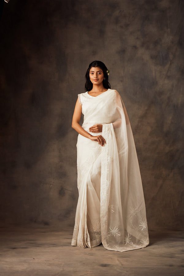 White Organza Hand Embroidered Saree and Blouse