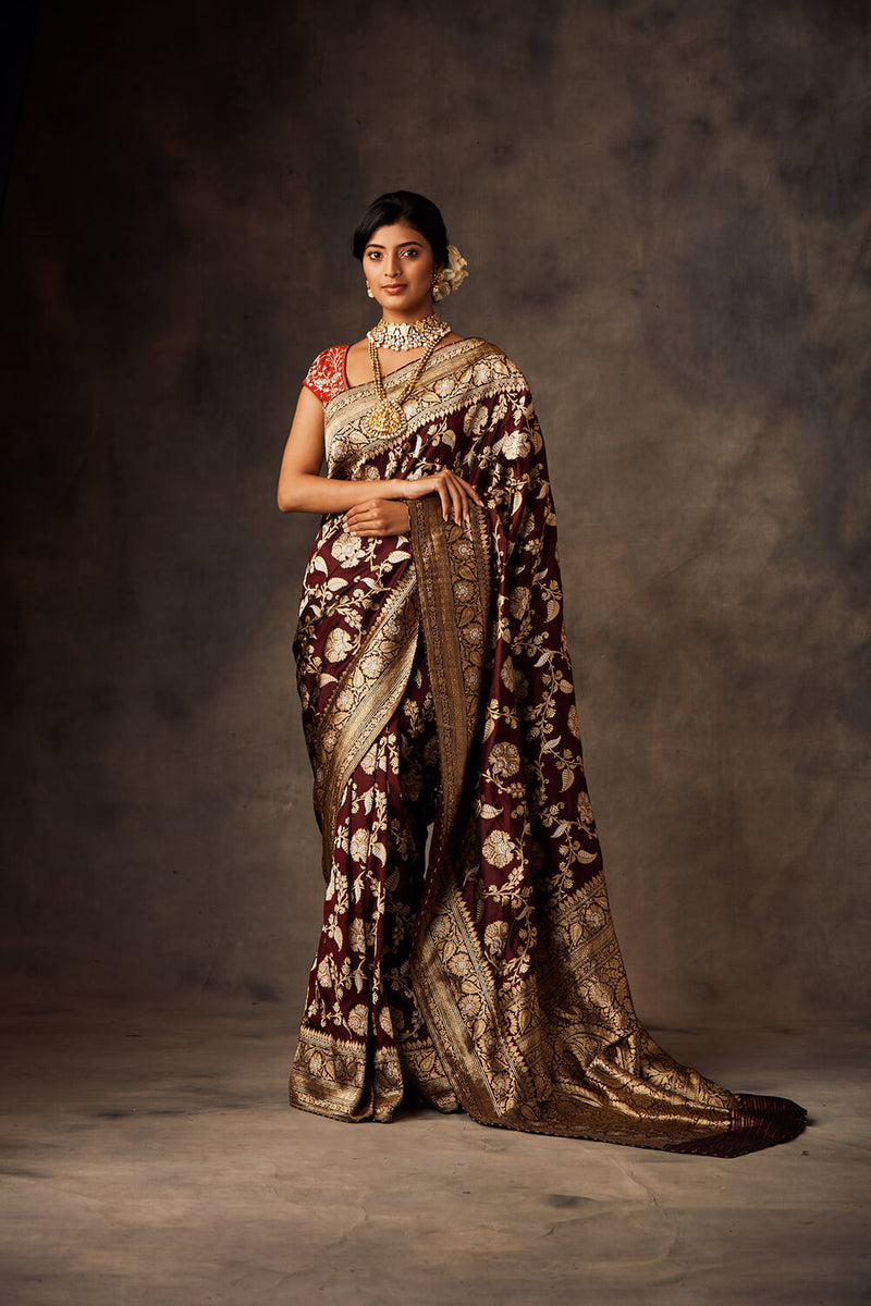 Wine Colored Saree With Unstitched Blouse