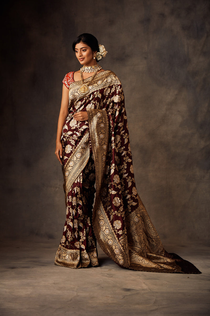 Wine Colored Saree With Unstitched Blouse