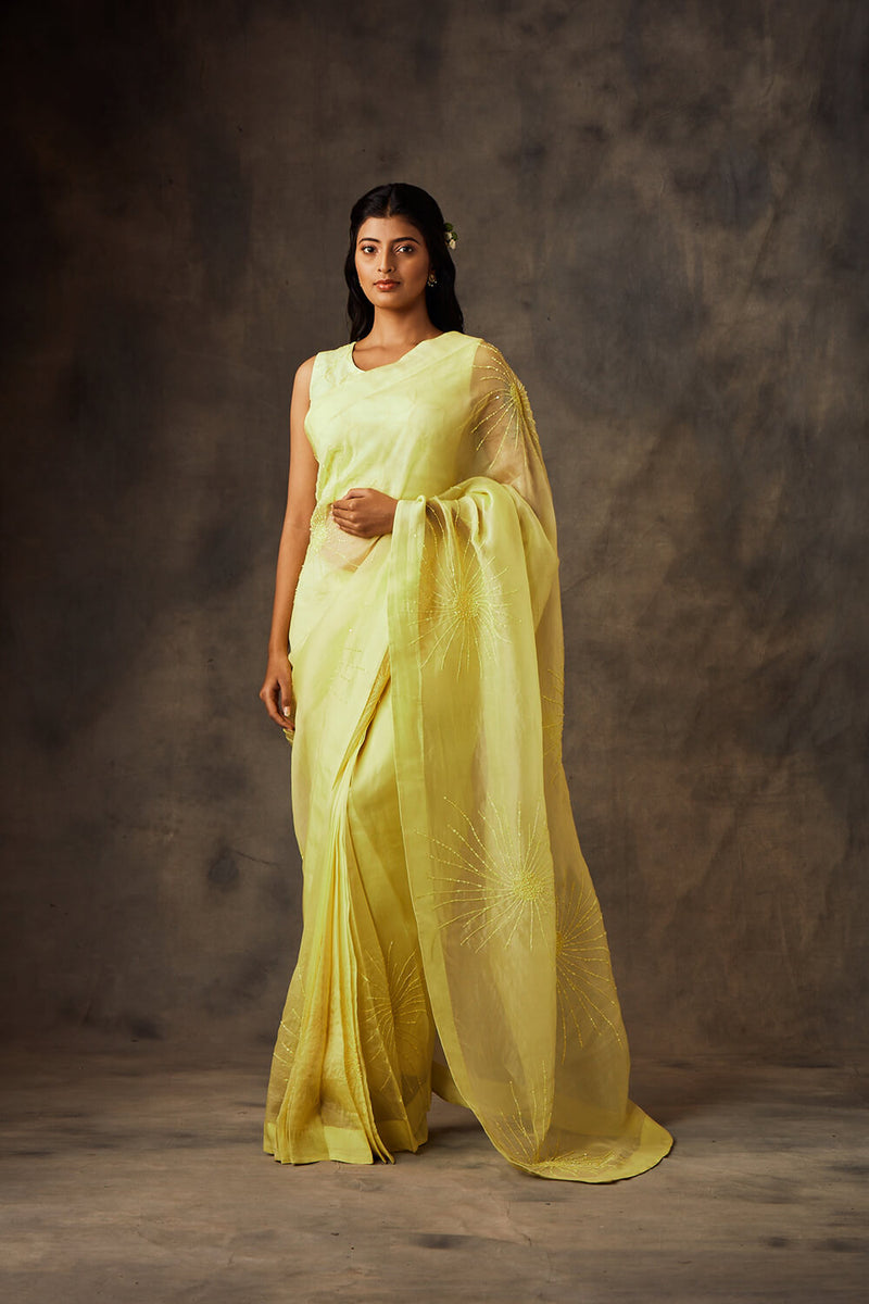Yellow Organza Floral Work Saree with Hand Embroidered Blouse