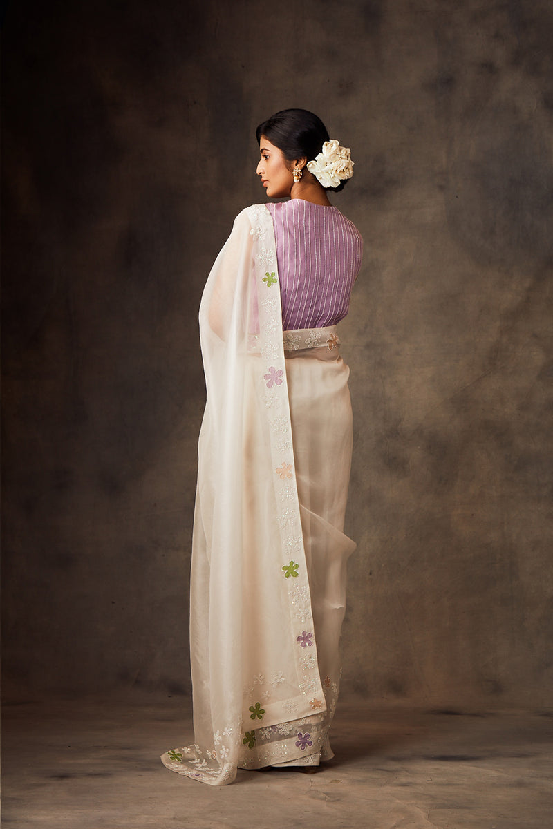 White Organza Saree with Patch Work and Lilac Hand Embroidered Blouse