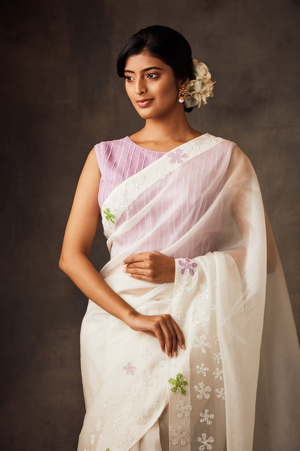 White Organza Saree with Patch Work and Lilac Hand Embroidered Blouse