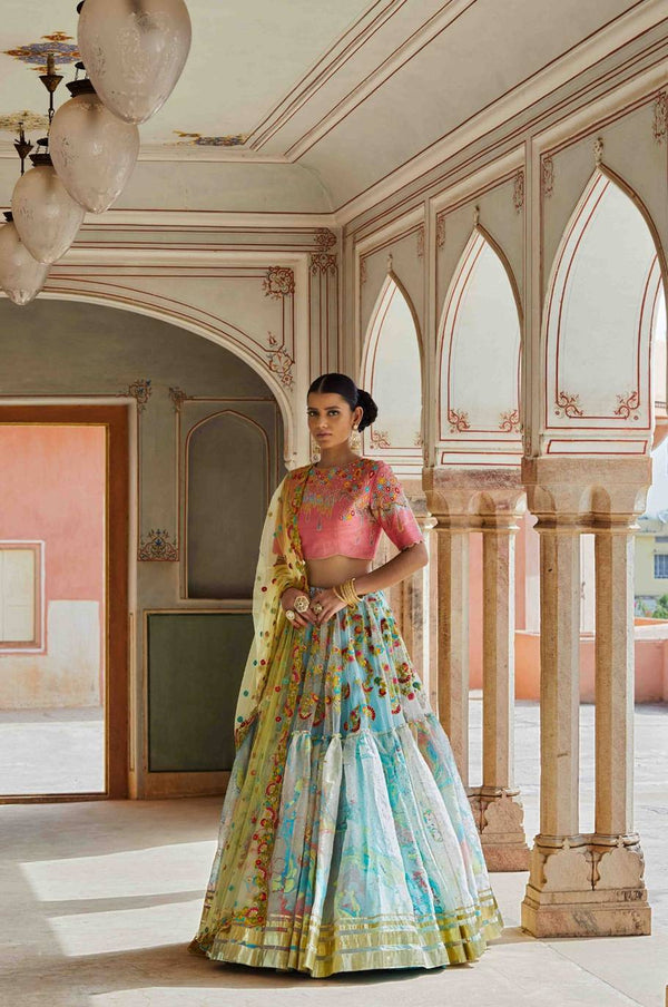 Lehenga Skirt With Beautiful Colour Embroidered With Contrast Blouse And Dupatta