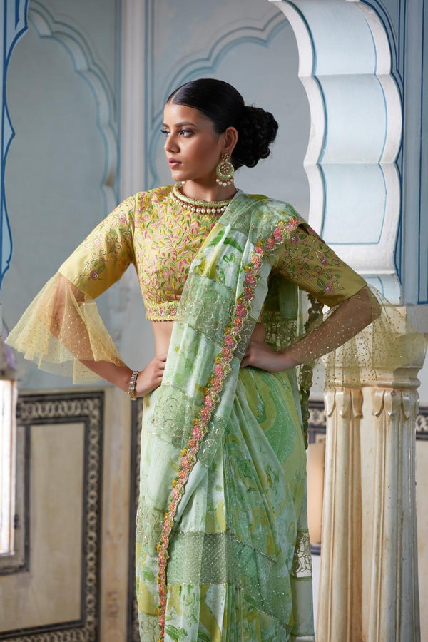 Aqua Green Printed Saree With Yellow Embroidered Blouse
