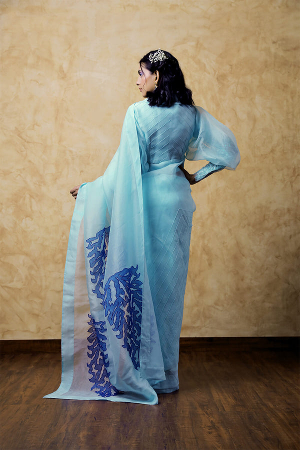 Aqua Blue Organza Saree with Collared Blouse and Chandelier Lace Sleeves