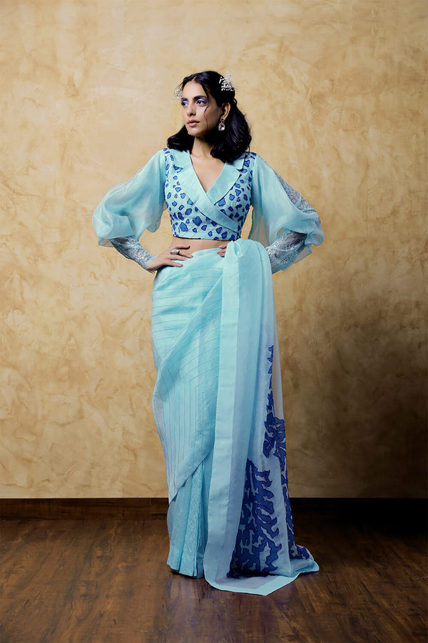 Aqua Blue Organza Saree with Collared Blouse and Chandelier Lace Sleeves