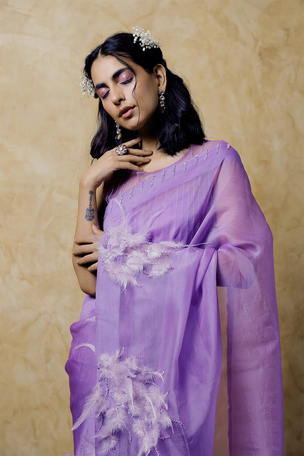 Lilac Organza Saree with Feather Detailing and Hand Embroidered Blouse