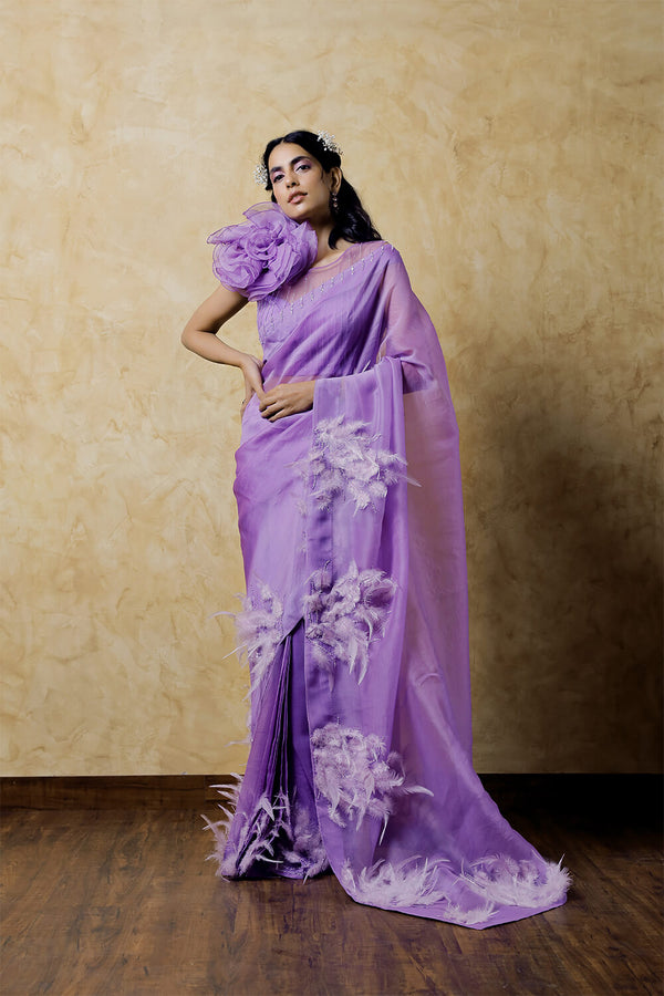 Lilac Organza Saree with Feather Detailing and Hand Embroidered Blouse
