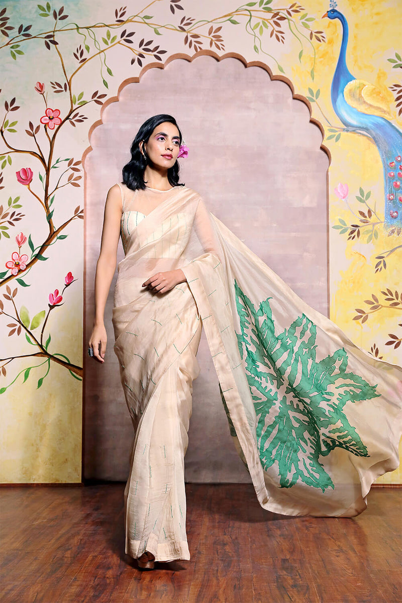 Beige Organza Saree with Applique Work and Fully Hand Embroidered Blouse