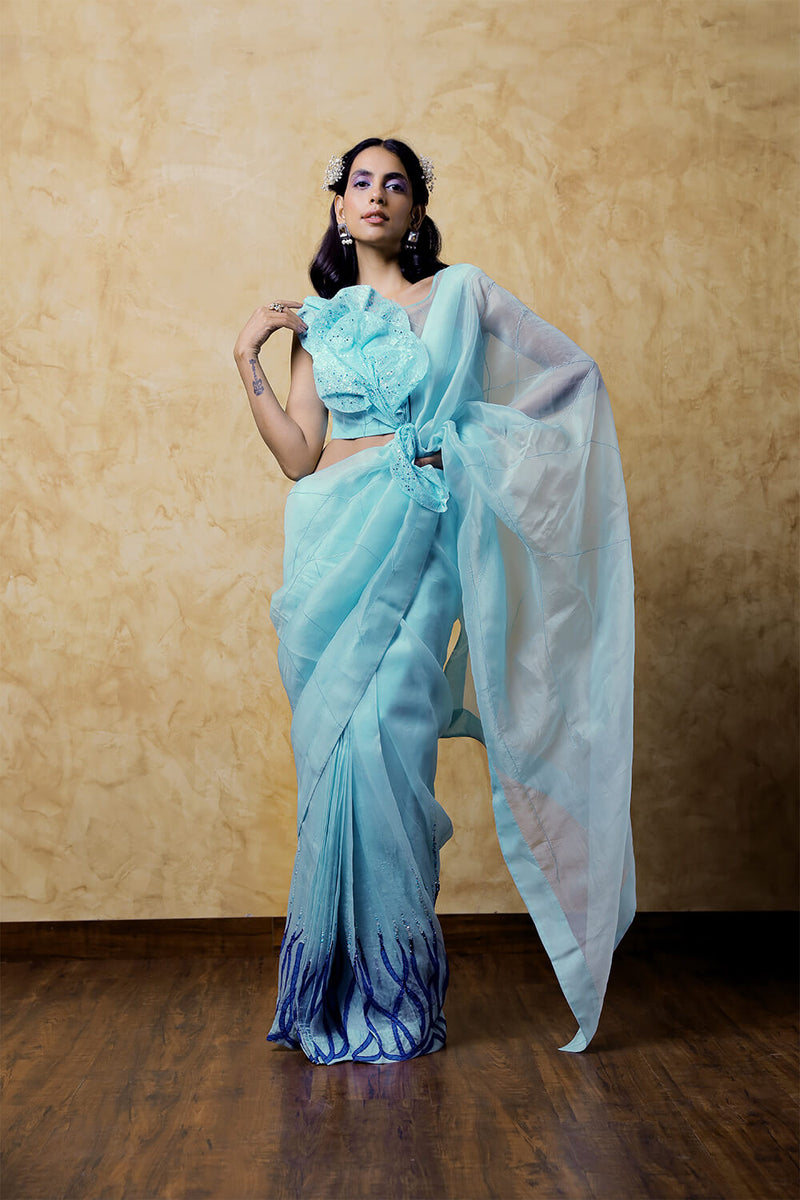 Aqua Blue Organza Saree with Patch Work and Chandelier Lace Blouse with Flower