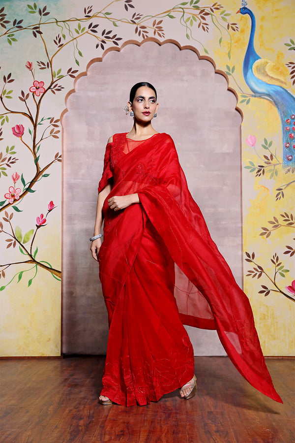 Red Organza Saree with Frill Detail and Hand Embroidered Blouse