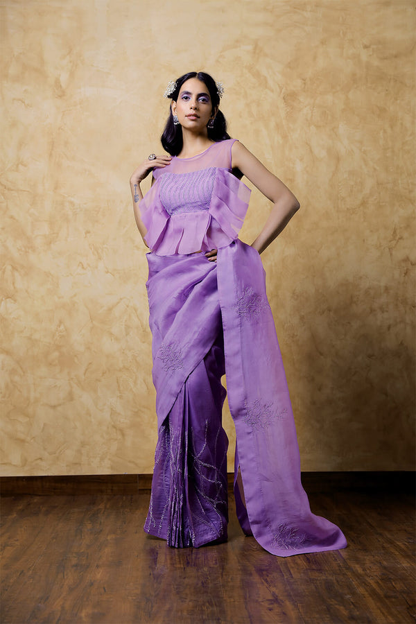 Lilac Organza Hand Embroidered Saree and Blouse with Net Frill Detailing