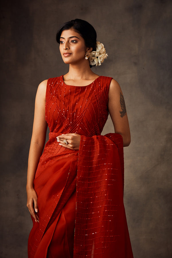 Red Organza Saree with Hand Embroidered Blouse